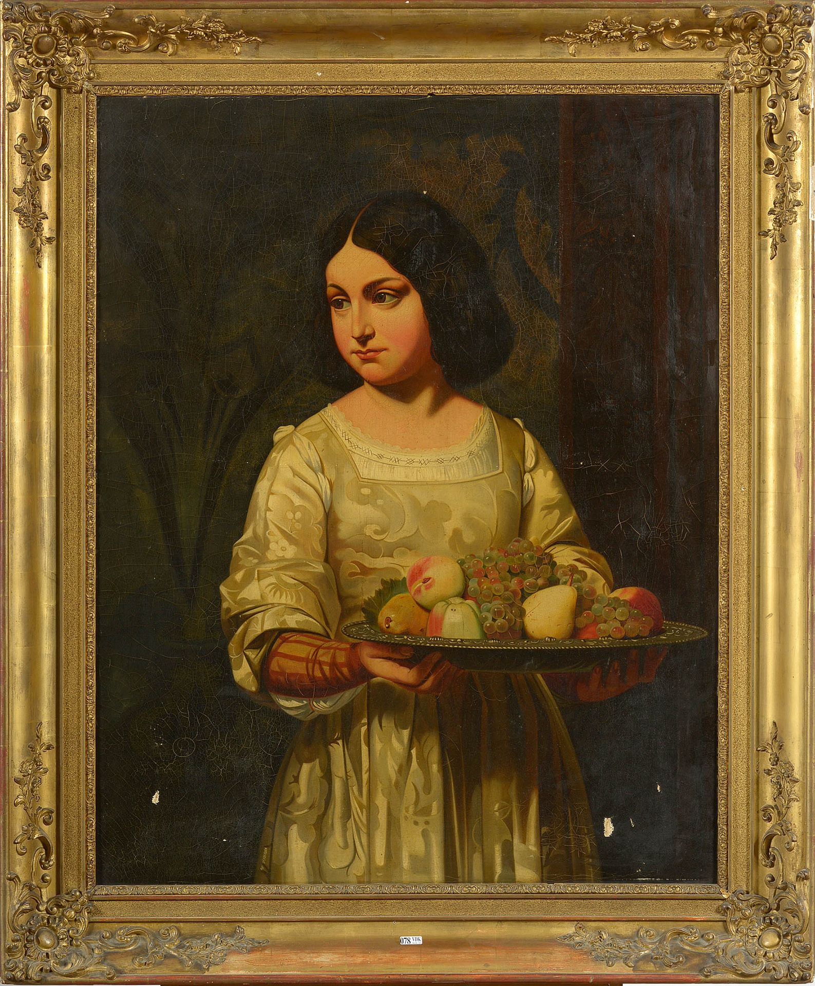 Null 布面油画《端着水果盘的女孩》。匿名。年代：19世纪中期。(*).尺寸：+/-92,5x73厘米。