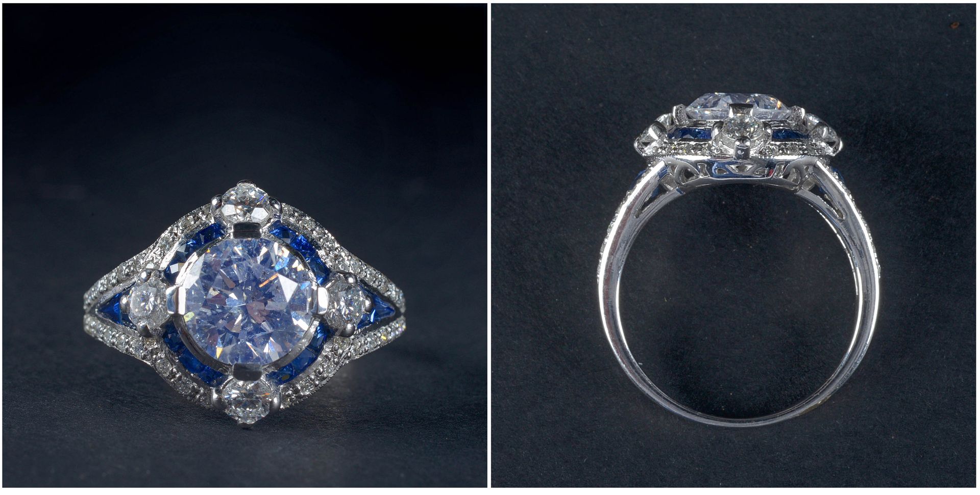 Null 优雅的14K白金戒指，镶嵌了一颗1.74克拉的明亮式切割钻石（颜色：E；净度：I1），共计+/-1克拉的明亮式切割钻石和共计+/-0.80克拉的蓝宝石&hellip;