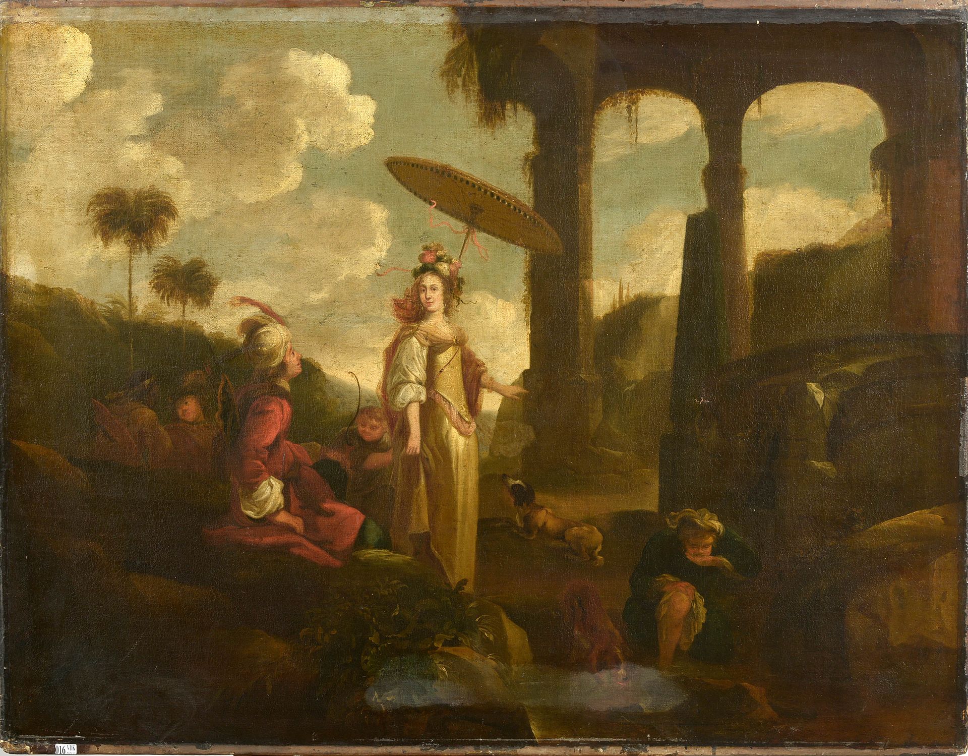 MIEL Jan (1599 - 1663). (?). 布面油画《在有废墟的繁忙风景背景下打着阳伞的宫廷女子肖像》。左下角有J.M. (?)的字样，代表Jan&hellip;