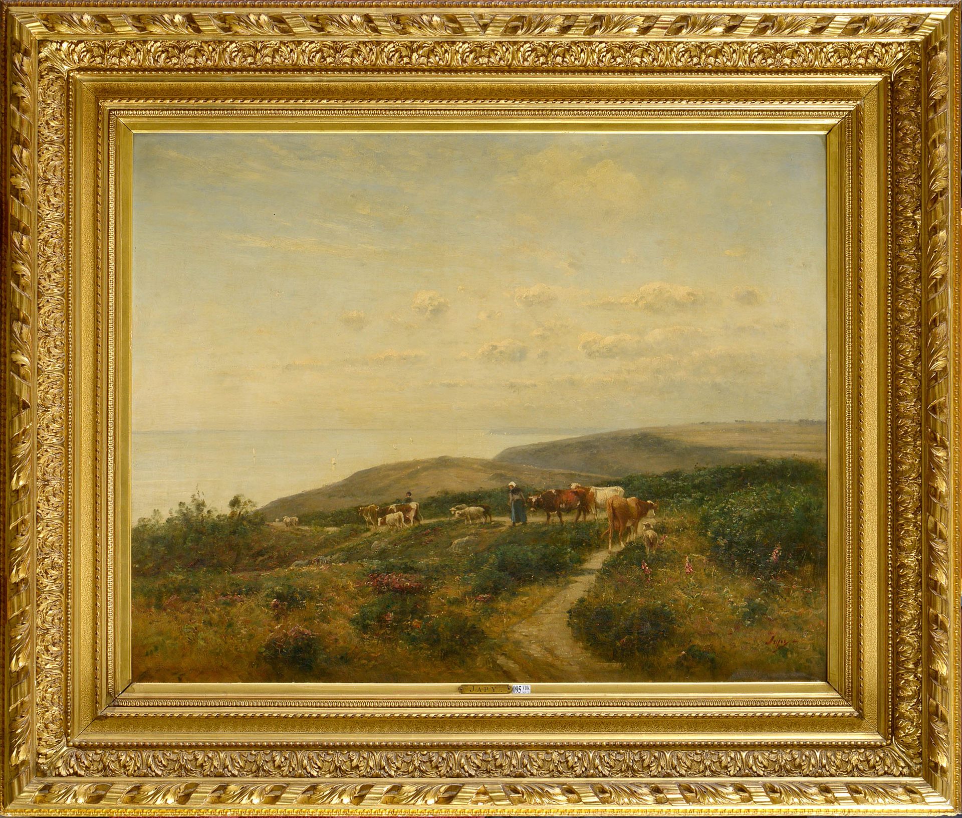 JAPY Louis Aimé (1839 - 1916) 布面油画《风景背景下的牧羊人夫妇和他们的羊群》。签名右下：Japy。法国学校。尺寸：+/-82x10&hellip;