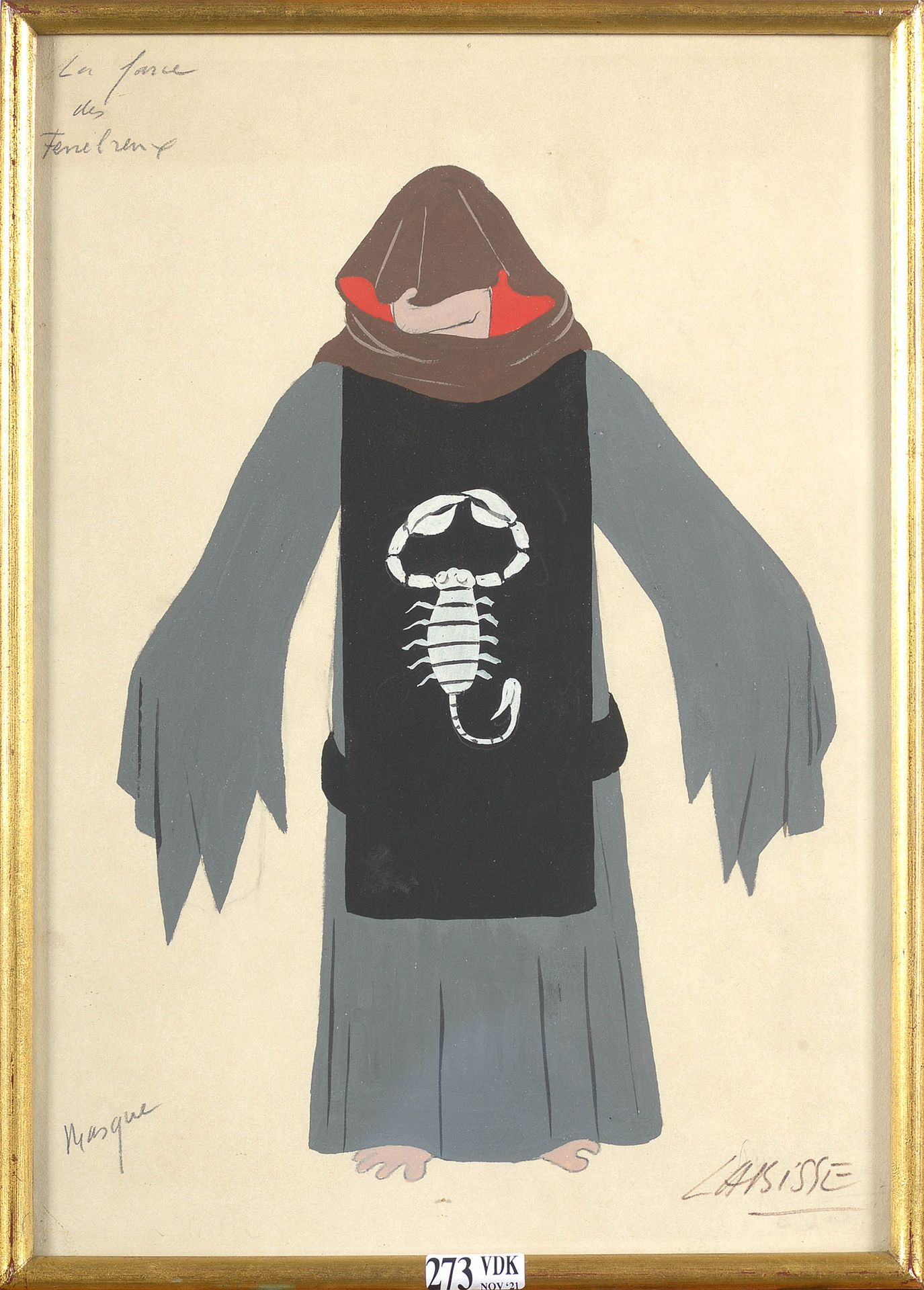 LABISSE Félix (1905 - 1982) "带蝎子的和尚-面具-黑暗者的力量 "纸上石墨和水粉画。签名右下角：Labisse。法国学校。尺寸：+/&hellip;