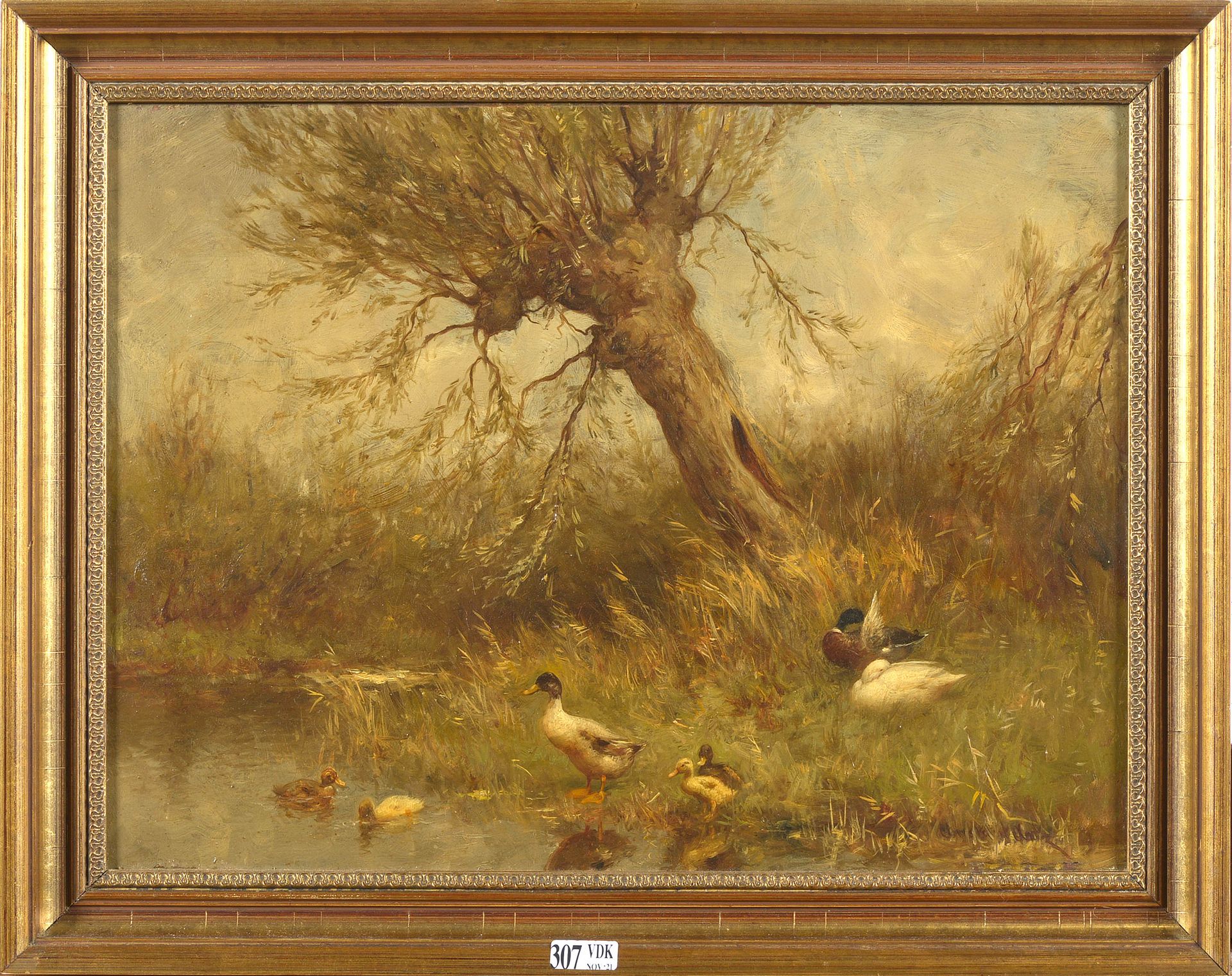 ARTZ Constant (1870 - 1951) Huile sur panneau "Canards et canetons en bord de ma&hellip;