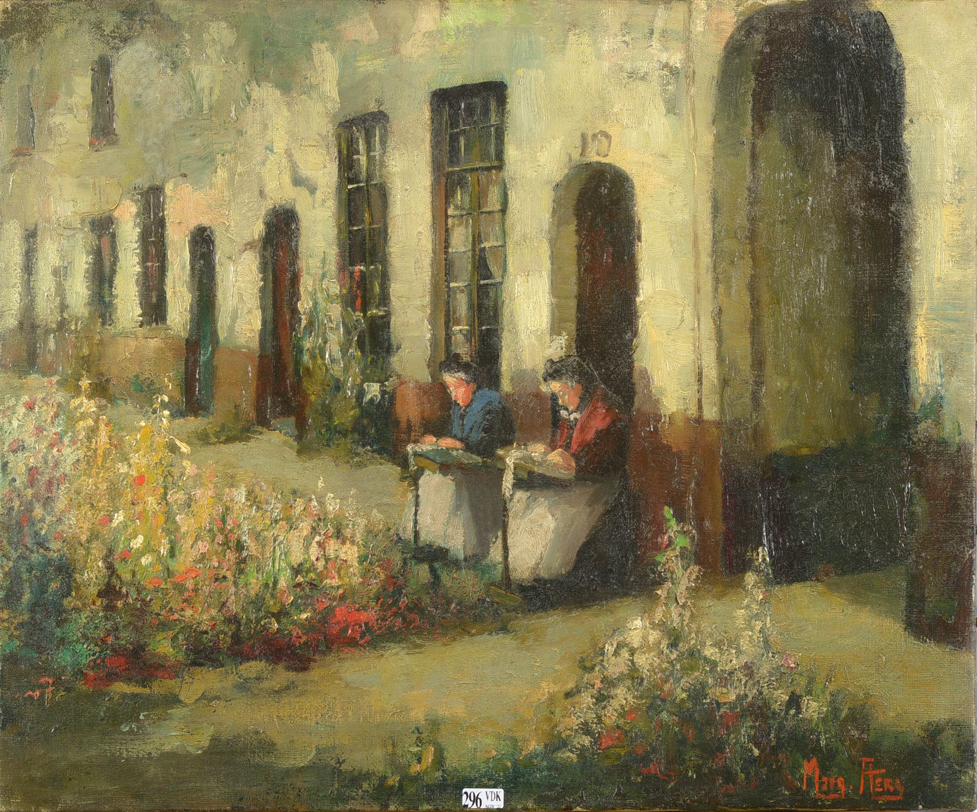 AERS Marguerite (1918 - 1995) Olio su tela "Le merlettaie davanti al beghinaggio&hellip;