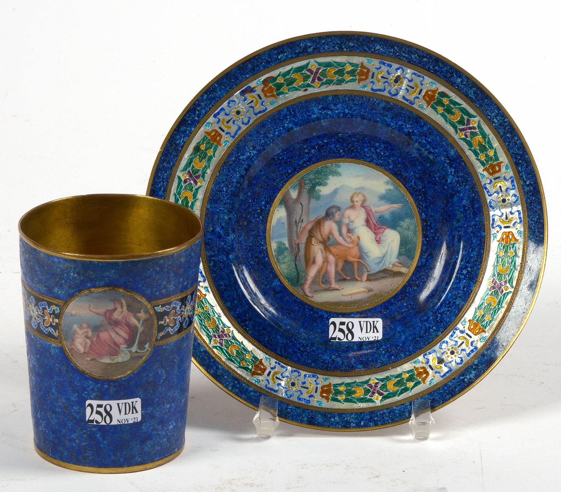 Null Round plate and its gilded enamelled copper cup decorated with "Venus and A&hellip;
