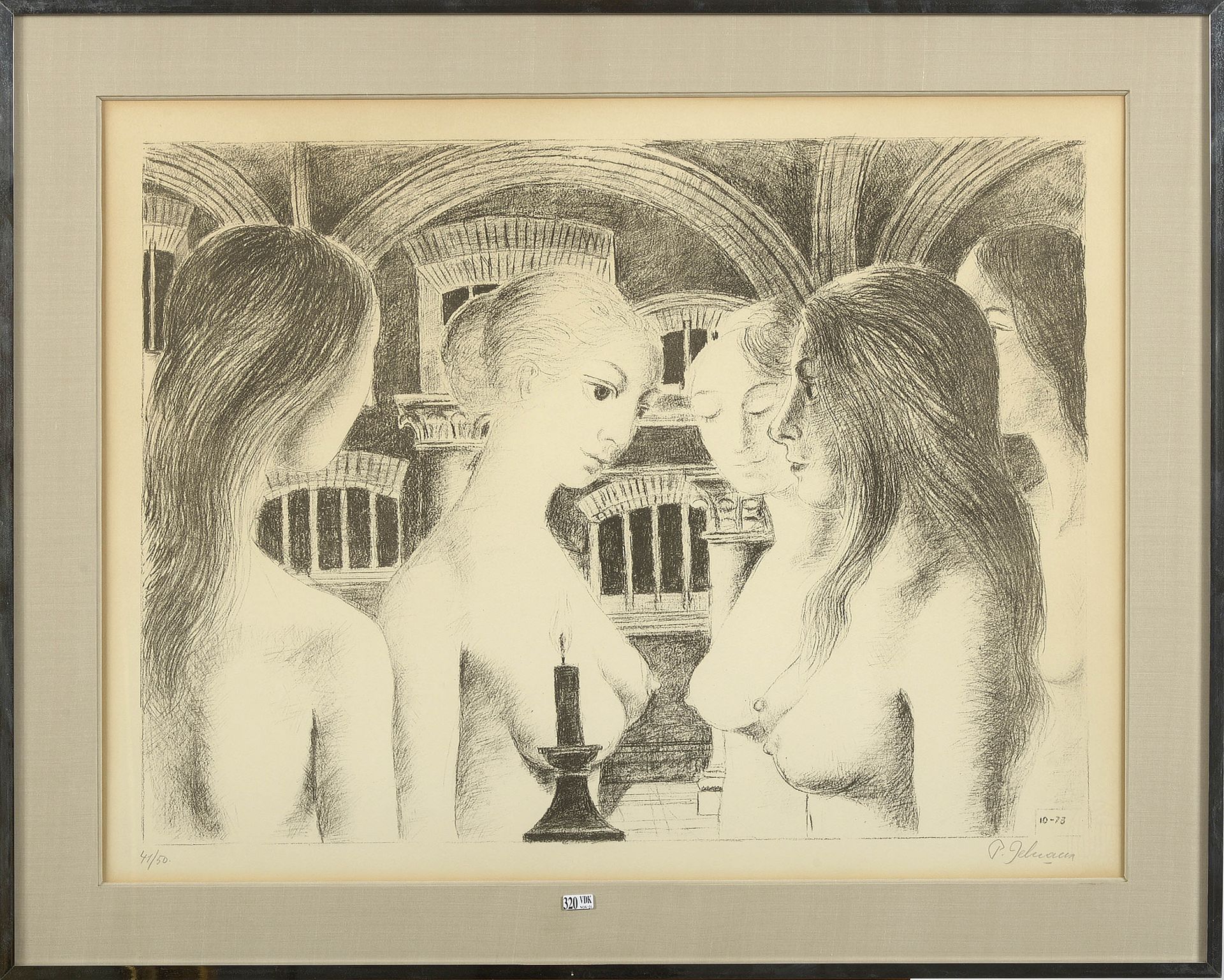 DELVAUX Paul (1897 - 1994) "手持蜡烛的女人 "纸上黑白石版画。版面上有石墨签名P.Delvaux，版面编号为10-73。左下角编号为&hellip;
