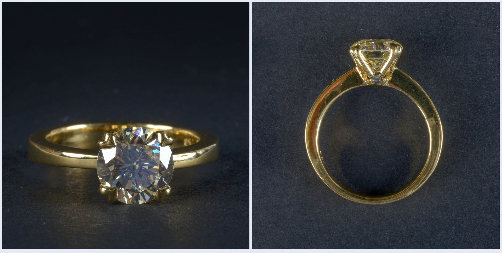 Null 一枚18K黄金戒指，镶嵌了一颗+/-2.05克拉的明亮型切割钻石（颜色：淡淡的棕黄色；净度：VS2）。附上2021年6月的宝石报告安特卫普证书。手指（&hellip;