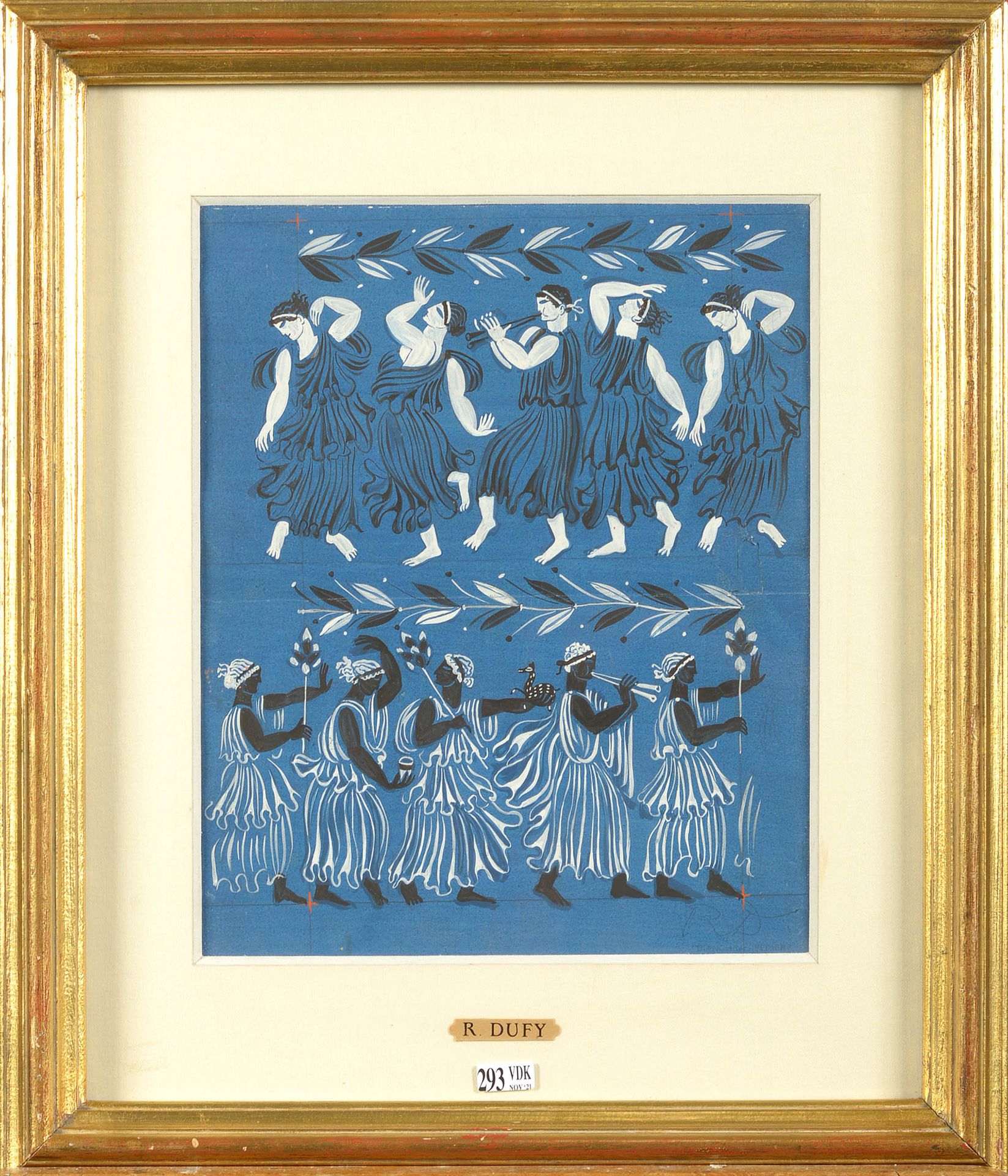 DUFY Raoul (1877 - 1953) "希腊舞者游行的壁画 "蓝纸上的水粉画。右下方有Raoul Dufy的R.D.字样。承载着测量标记的项目，用于&hellip;