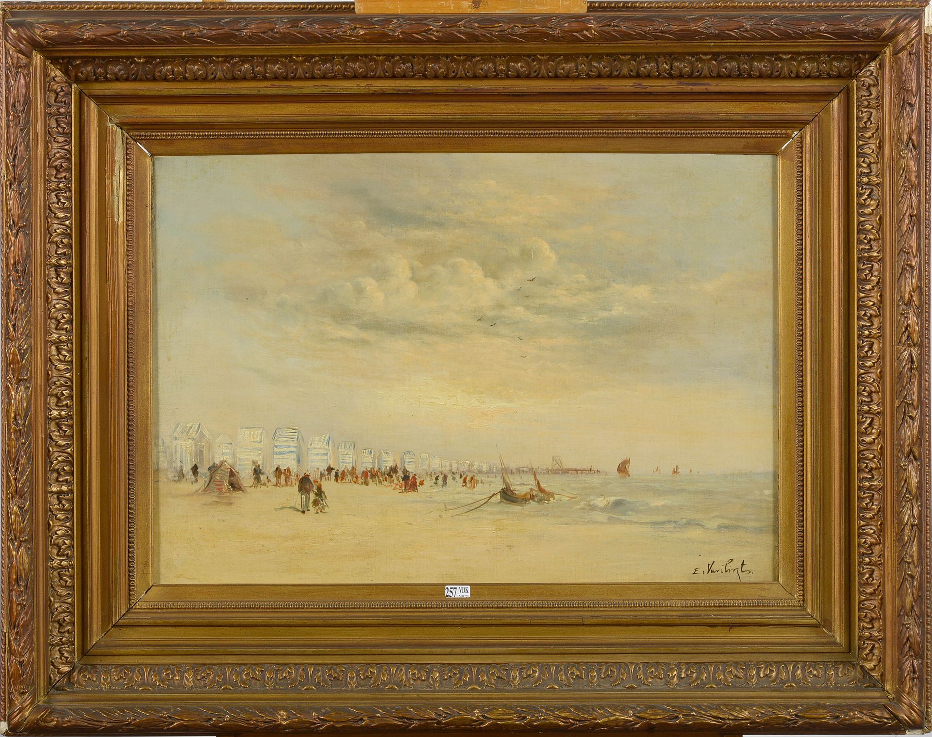VAN LINT E. (XXème) 镶嵌在画布上的油画《奥斯坦德的海滩风景》。签名右下：E. Van Lint。比利时的学校。时期：二十世纪。尺寸：+/-4&hellip;