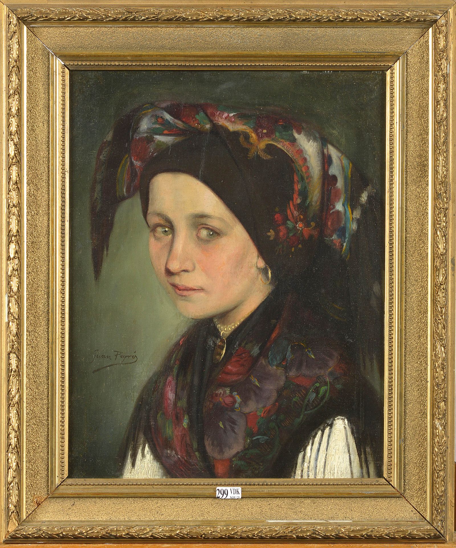 PEYRO-URREA Juan (1847 - 1924) Olio su tela montata su pannello "Ritratto di gio&hellip;