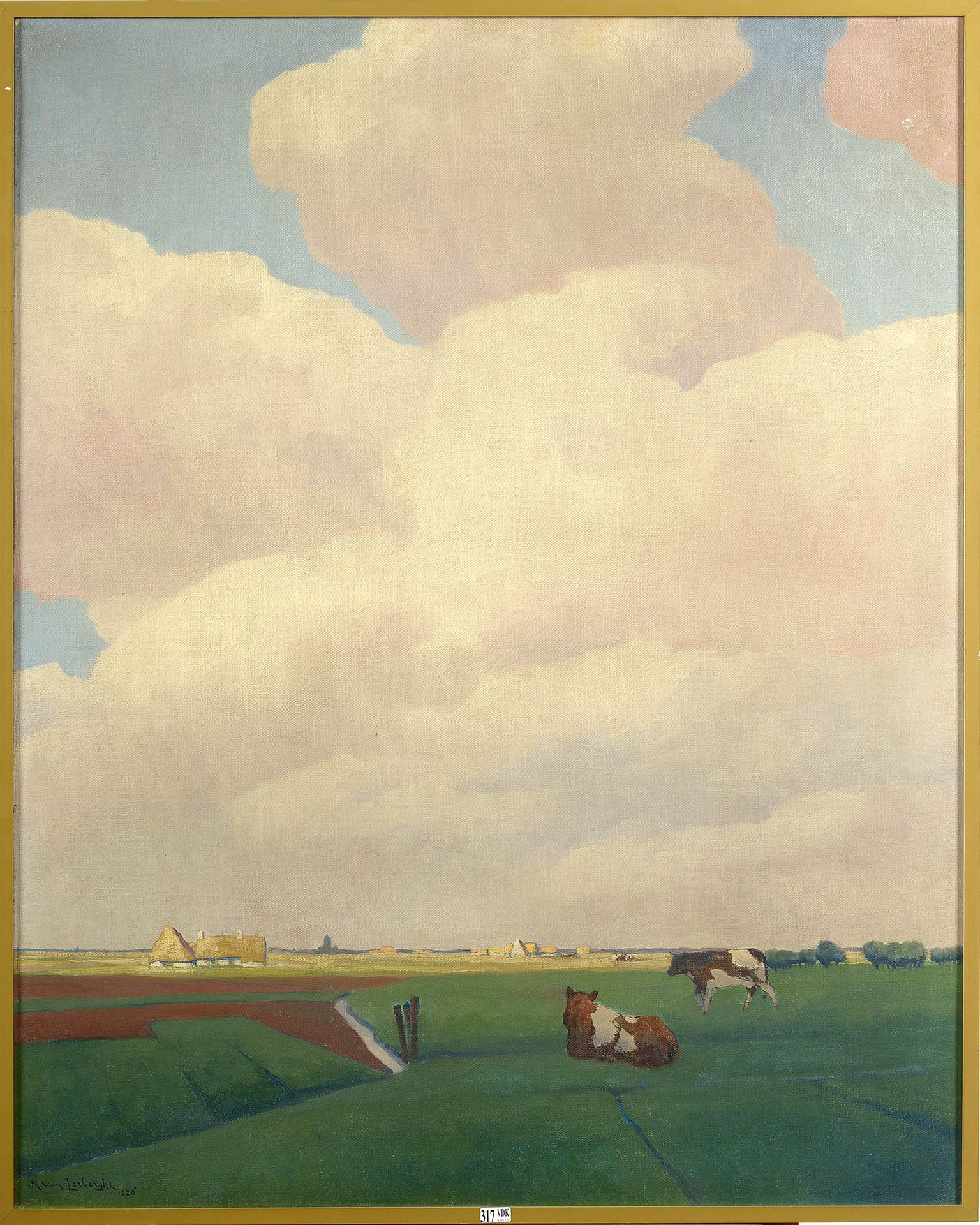 VAN LERBERGHE Karel (1889 - 1953) Olio su tela "Mucche nel prato - Paesaggio del&hellip;
