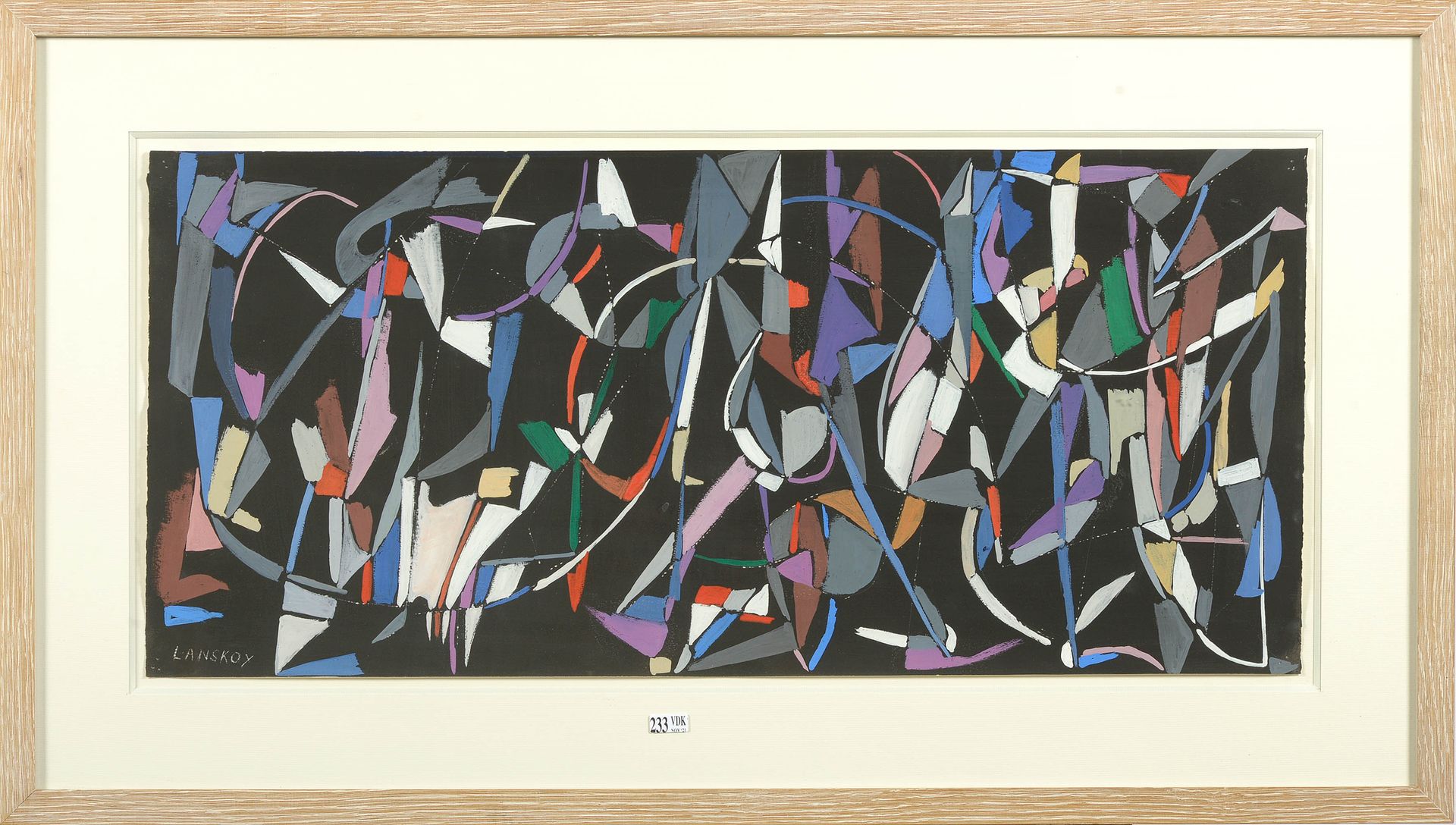 LANSKOY André (1902 - 1976) "黑色背景下的构图"，纸上水粉和涂鸦。左下角署名：Lanskoy。俄罗斯学校。(角落里有小针孔）。)尺寸&hellip;