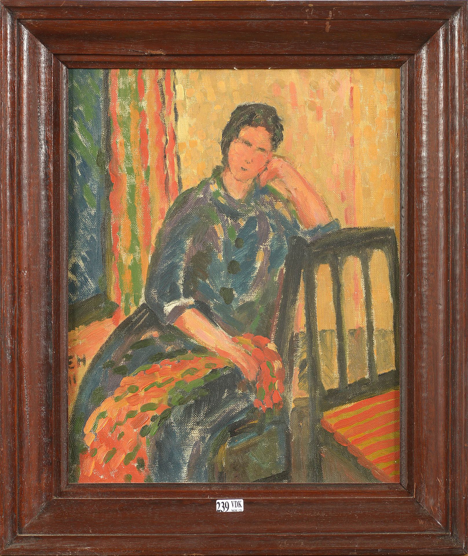 E.H. (XXème) 布面油画《坐在室内的女人》。左侧有E.H.的字样，日期为（19）11。尺寸：+/-41x33厘米。