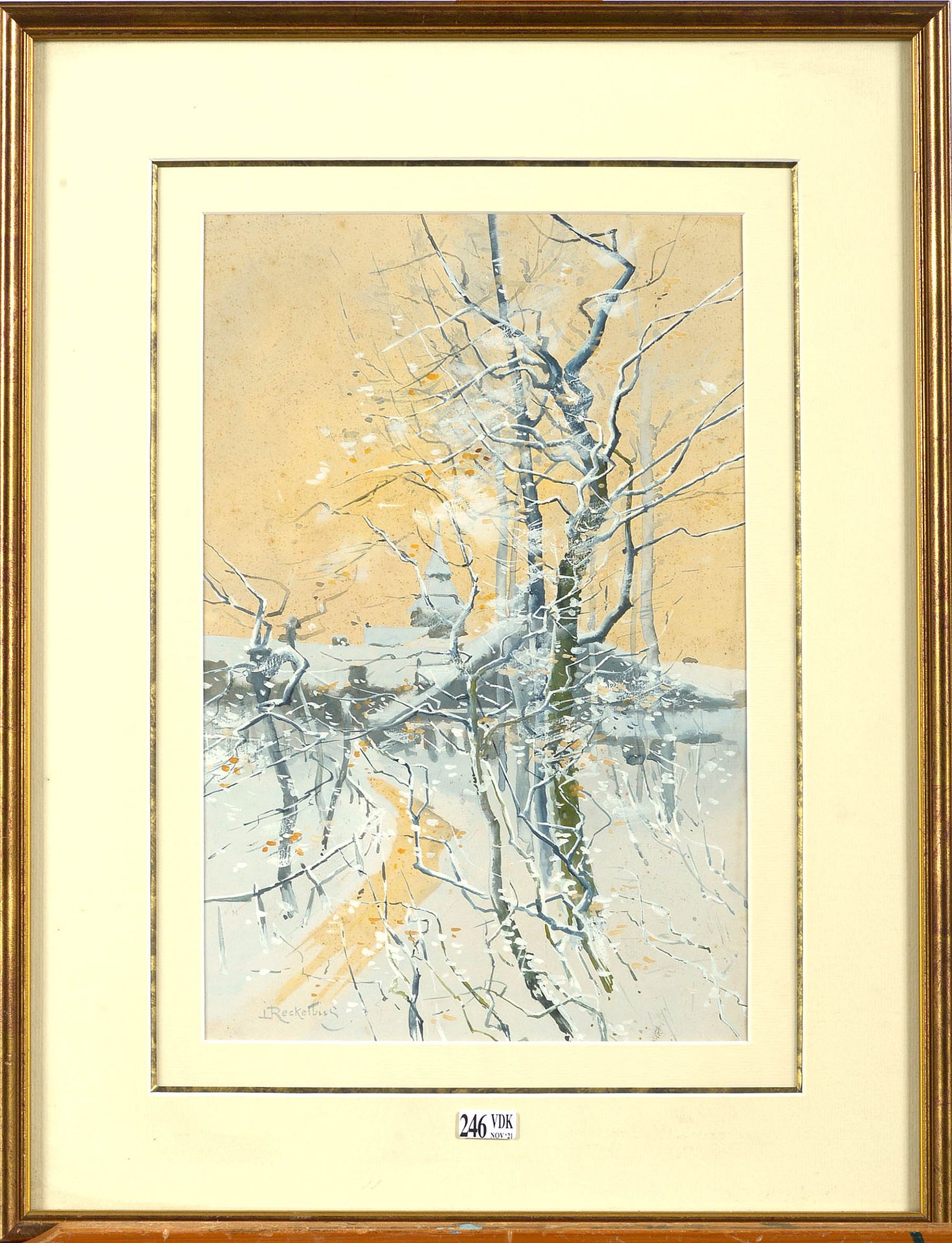 RECKELBUS Louis (1864 - 1958) "Schneelandschaft" Gouache auf Papier. Signiert un&hellip;