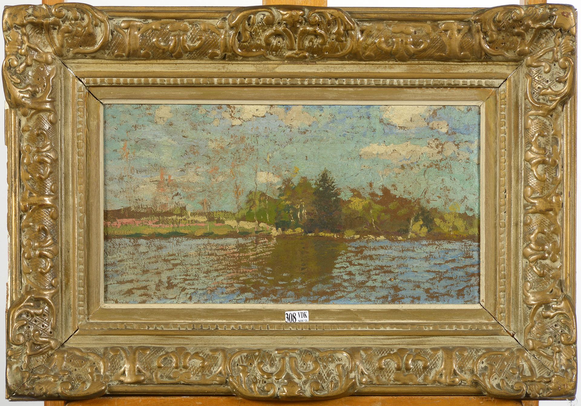 Null 木板油画《湖光山色》。匿名。年代：19世纪下半叶，印象派时期。尺寸：+/-24,5x43厘米。