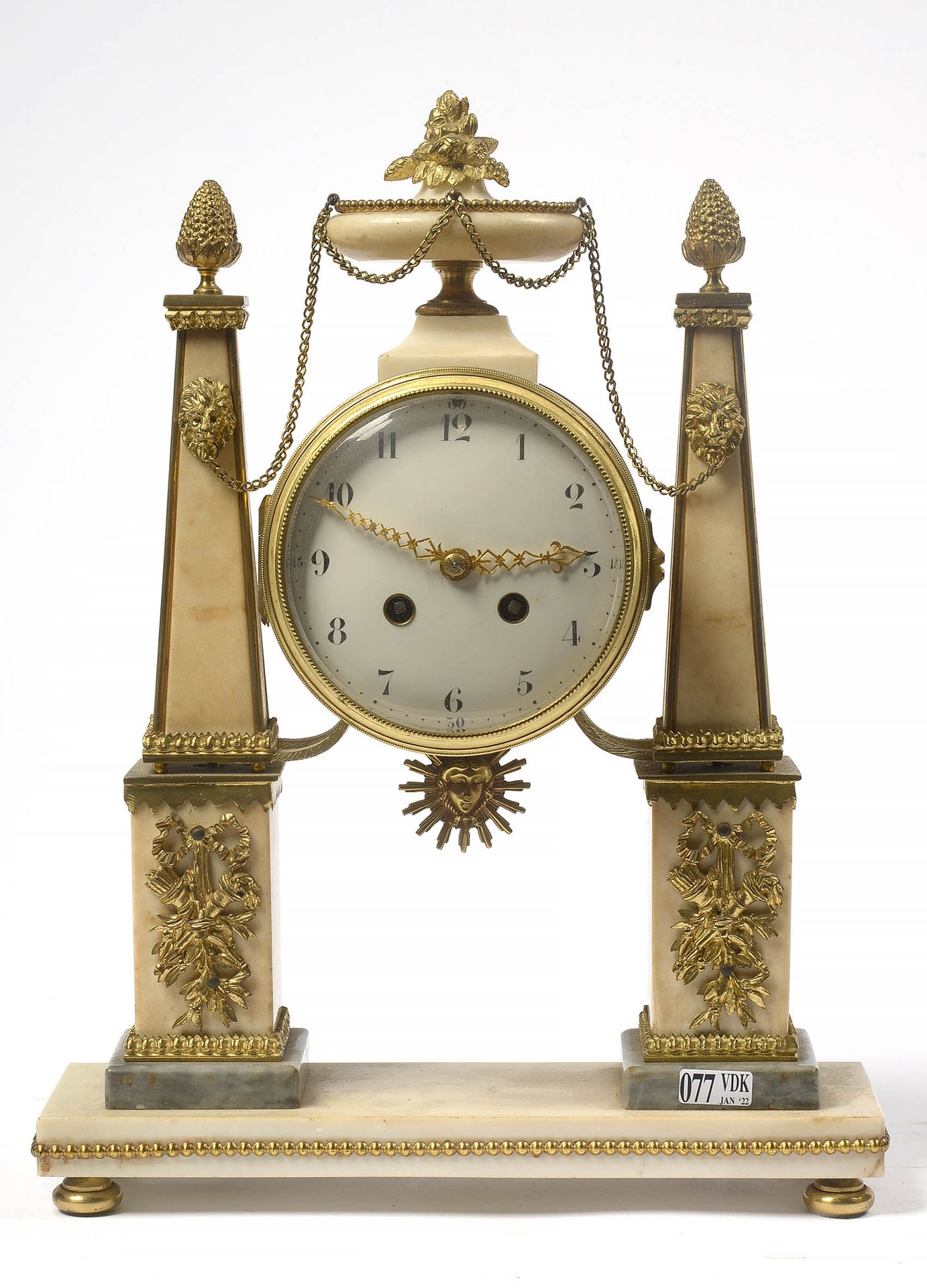 Null Directoire portico clock in white and grey marble and gilt bronze decorated&hellip;