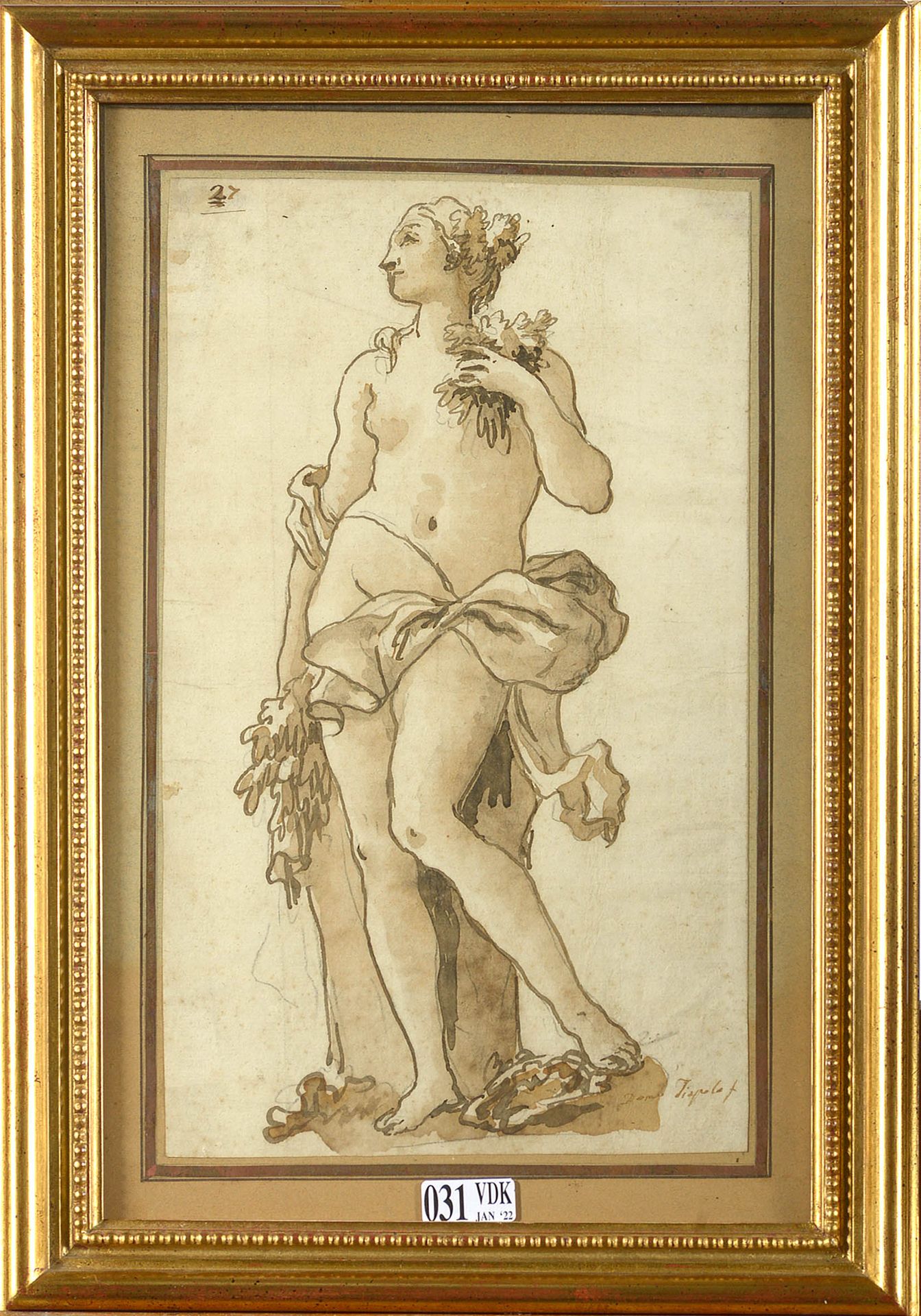 TIEPOLO GIANDOMENICO (1727 - 1804) "Venus "棕色墨水笔和水墨在纸上完整地粘贴在纸板上。签名右下角：Dome。Tiepo&hellip;