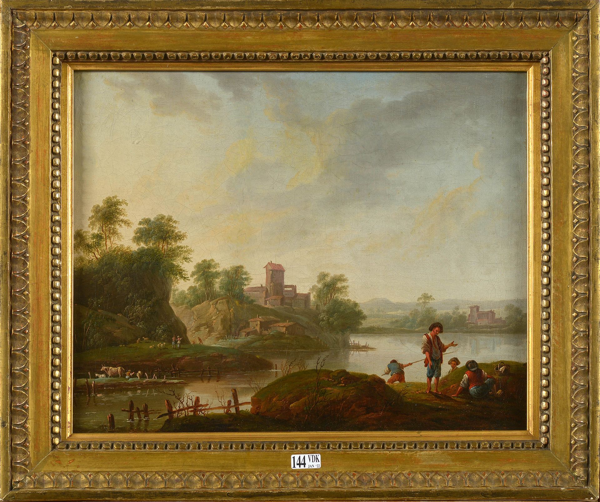 PILLEMENT Jean-Baptiste (1728 - 1808). Attribué à. 布面油画《河岸上的其余渔民》。归功于让-巴蒂斯特-皮勒姆。&hellip;