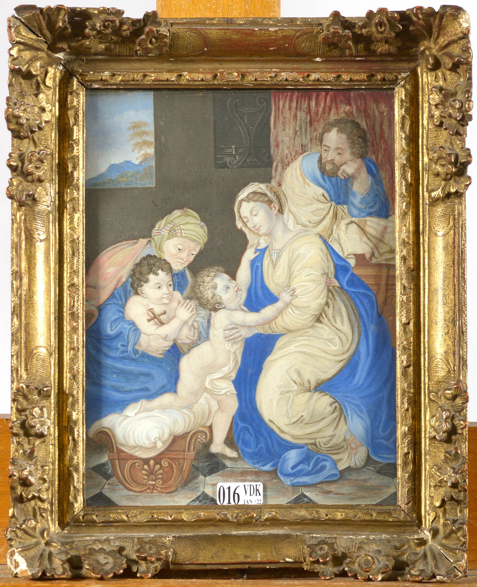RAPHAEL (1483 - 1520). D'après. "圣家族与圣安妮和施洗者圣约翰》牛皮纸水粉画。拉斐尔之后。年代：18世纪初。在背面看到一个墨水题&hellip;