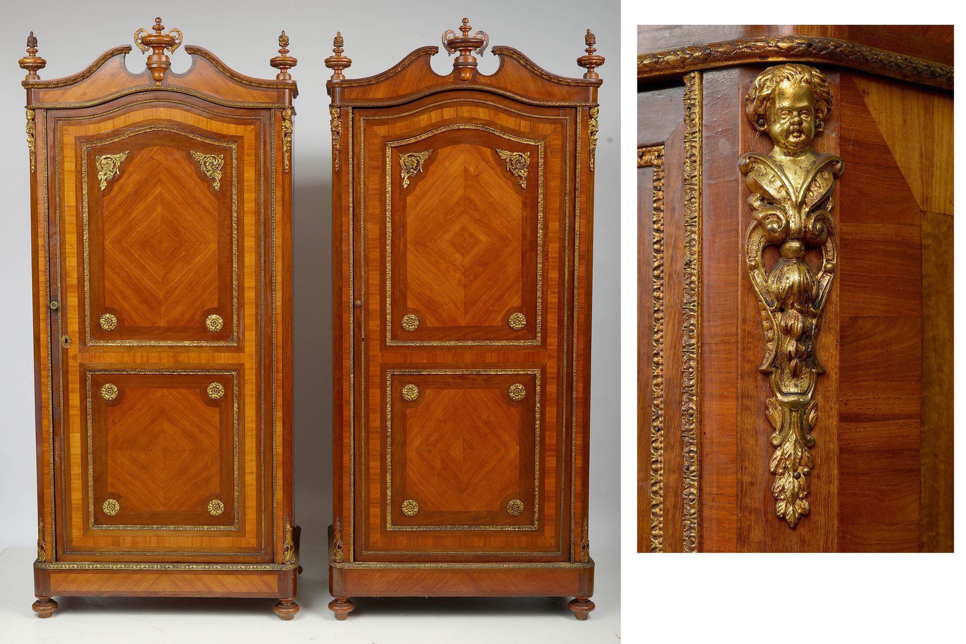 Null Pair of Napoleon III veneered cabinets opening with a door. Ornaments in gi&hellip;