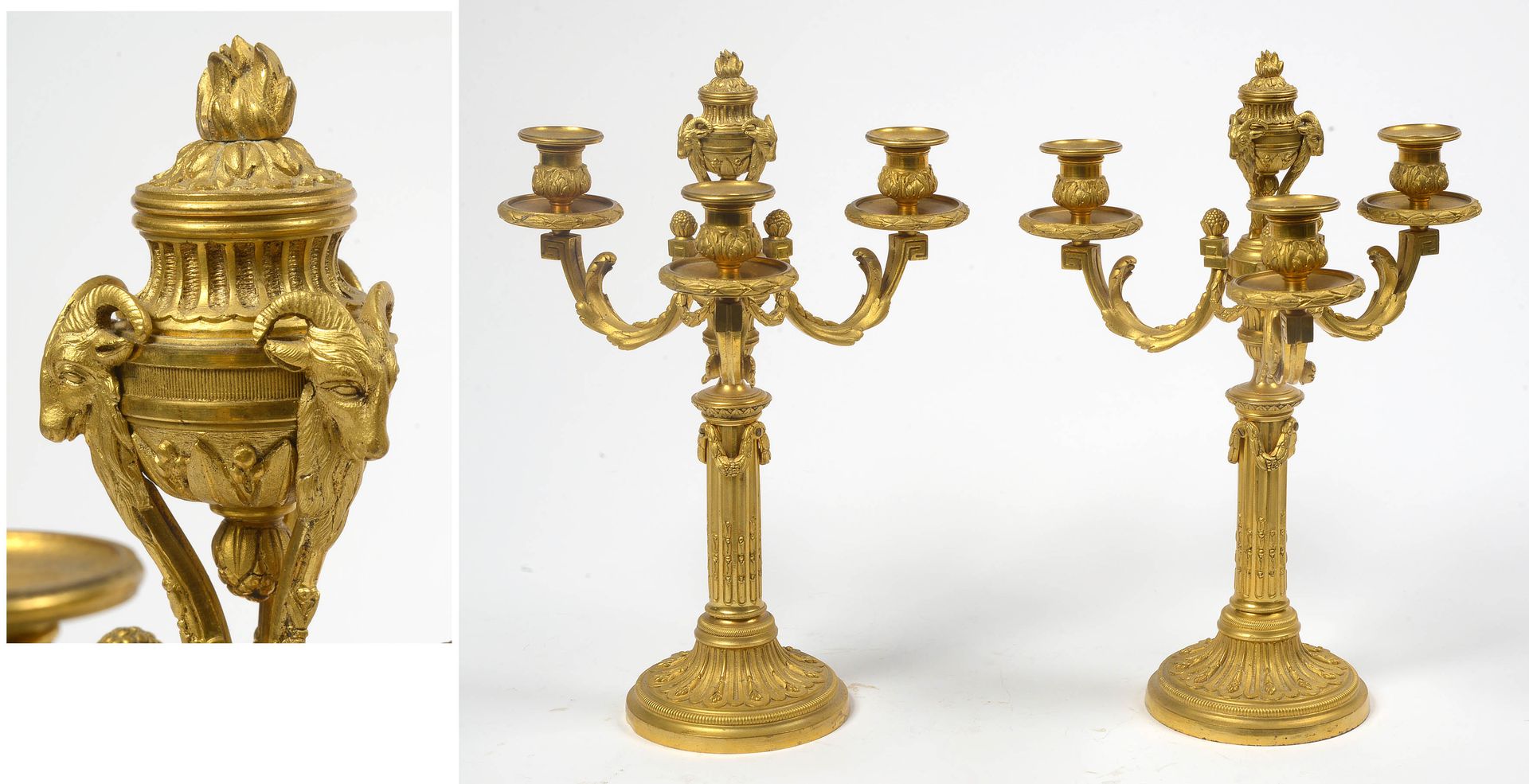 Null 一对路易十五风格的大型镀金青铜烛台，有三个光臂，上面有一个 "Pot à feu"。年代：19世纪。(分两部分)。高：+/-42厘米。