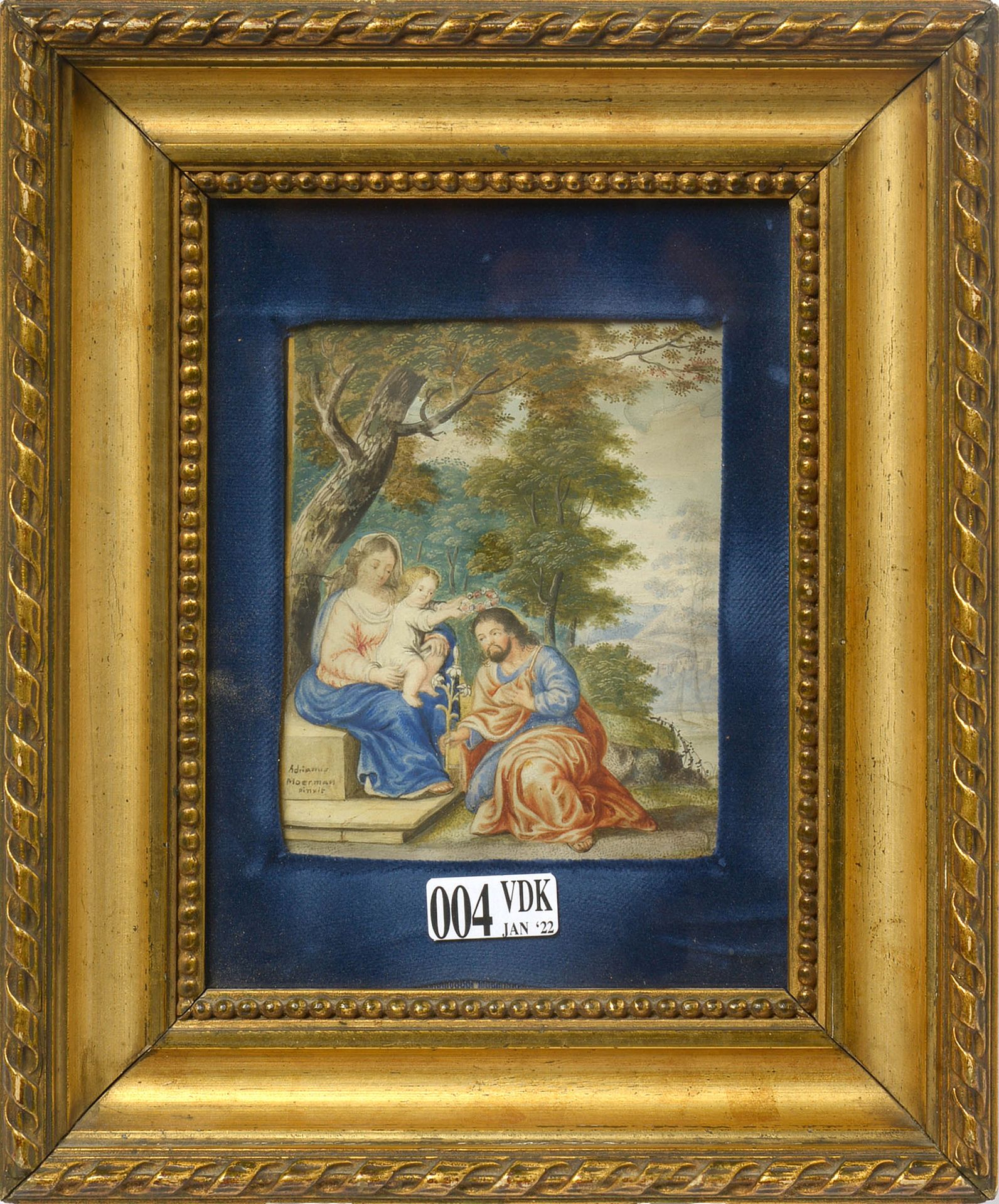 MOERMAN Adrianus (XVIIème) "神圣的家庭"，牛皮纸上的水粉画。签名左下：Adrianus Moerman pinxit。佛兰德学校。年&hellip;
