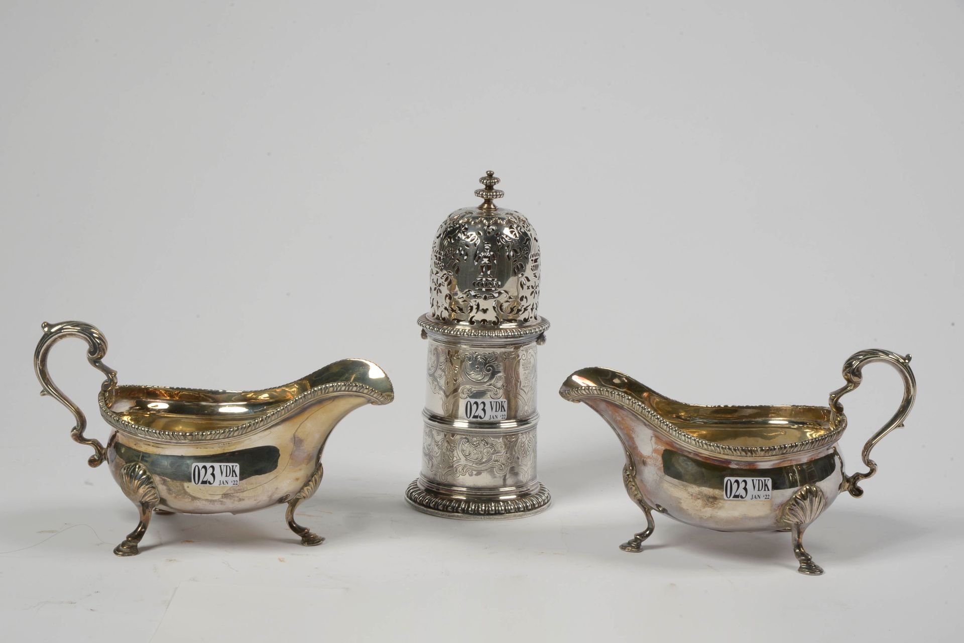 Null Lot of three comprising: a pair of silver tripod sauce boats with London ha&hellip;