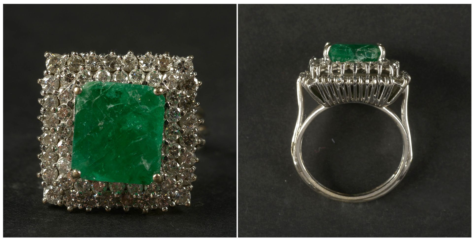 Null 18K白金戒指上镶嵌了一颗+/-5克拉的祖母绿，以及总重+/-1.70克拉的明亮式切割钻石。手指大小（公制）：54。总重量：+/-9,4 grs。