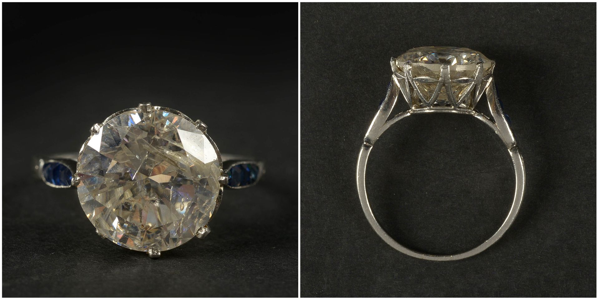 Null 铂金戒指镶有一颗总重+/-5.35克拉的明亮式切割钻石（颜色：G-H；净度：P1）。手指（公制）：55。总重量：+/-4.5gr。
