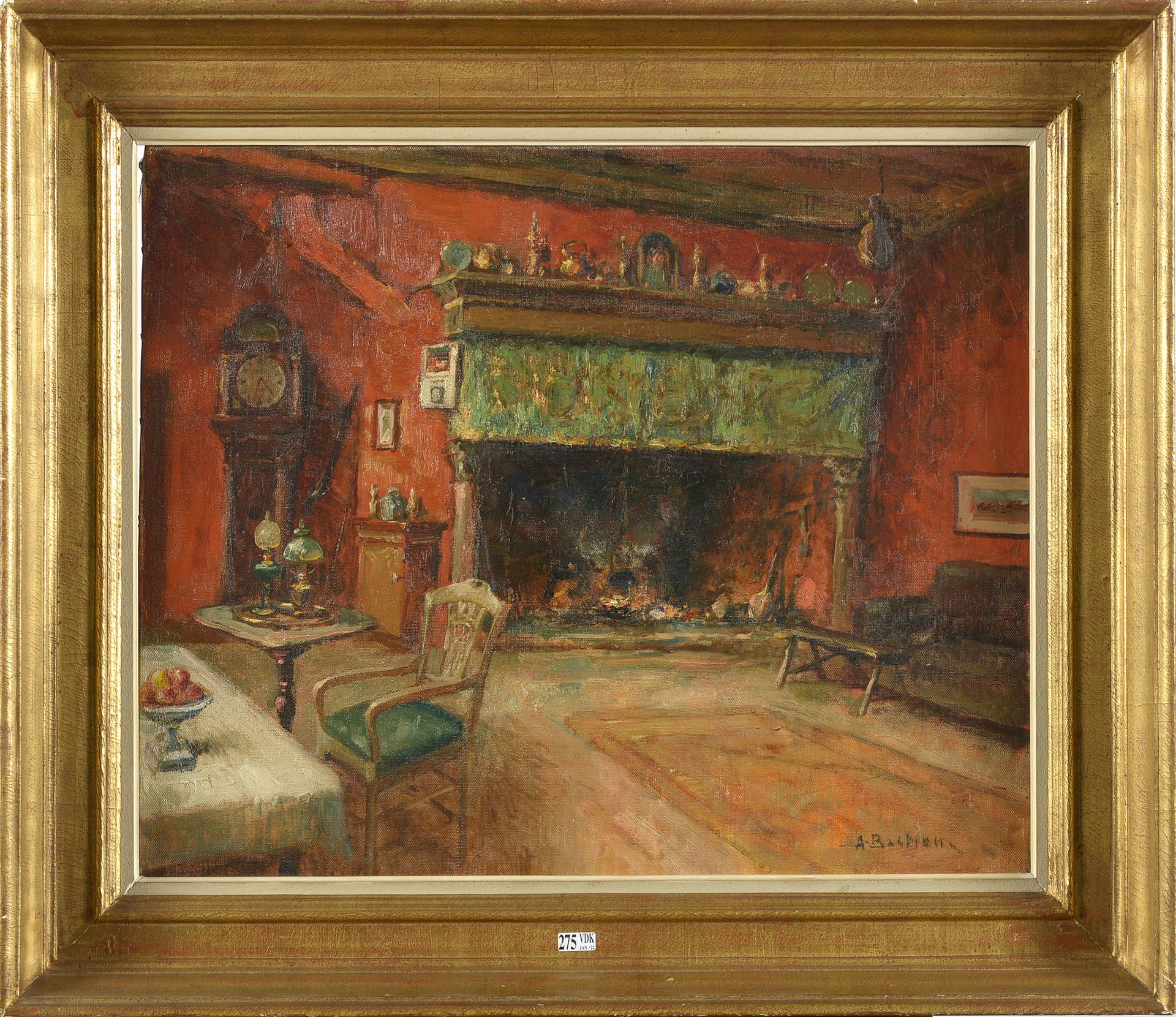 BASTIEN Alfred (1873 - 1955) Olio su tela "The Red Room at Miss Crocker's Farm".&hellip;