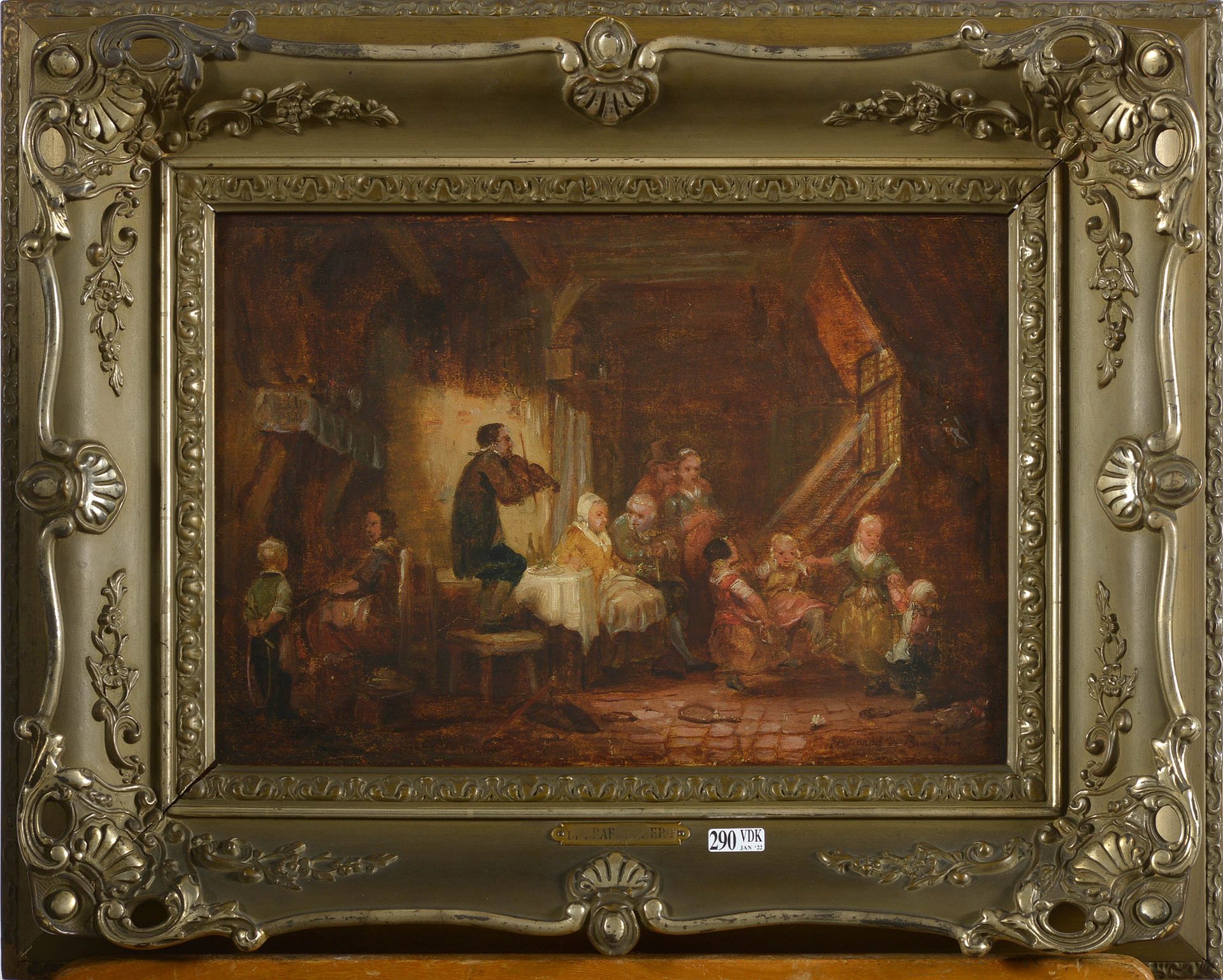 DE BRAEKELEER Ferdinand I (1792 - 1883) 油画《家庭聚会上的小提琴手》。签名右下：Ferdinand de Braekel&hellip;