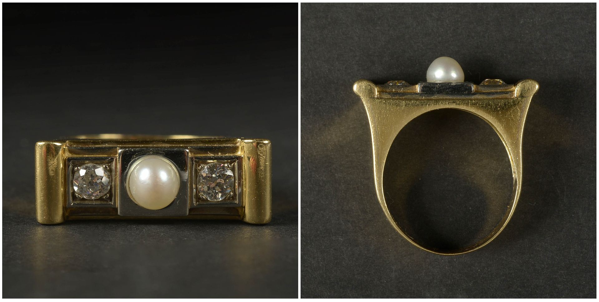 Null 一枚18K黄金装饰艺术风格的戒指，镶嵌着一颗珍珠和老式切割钻石，总重+/-0.30克拉（颜色：K-L；净度：P）。约1940-1950年。手指（公制）&hellip;