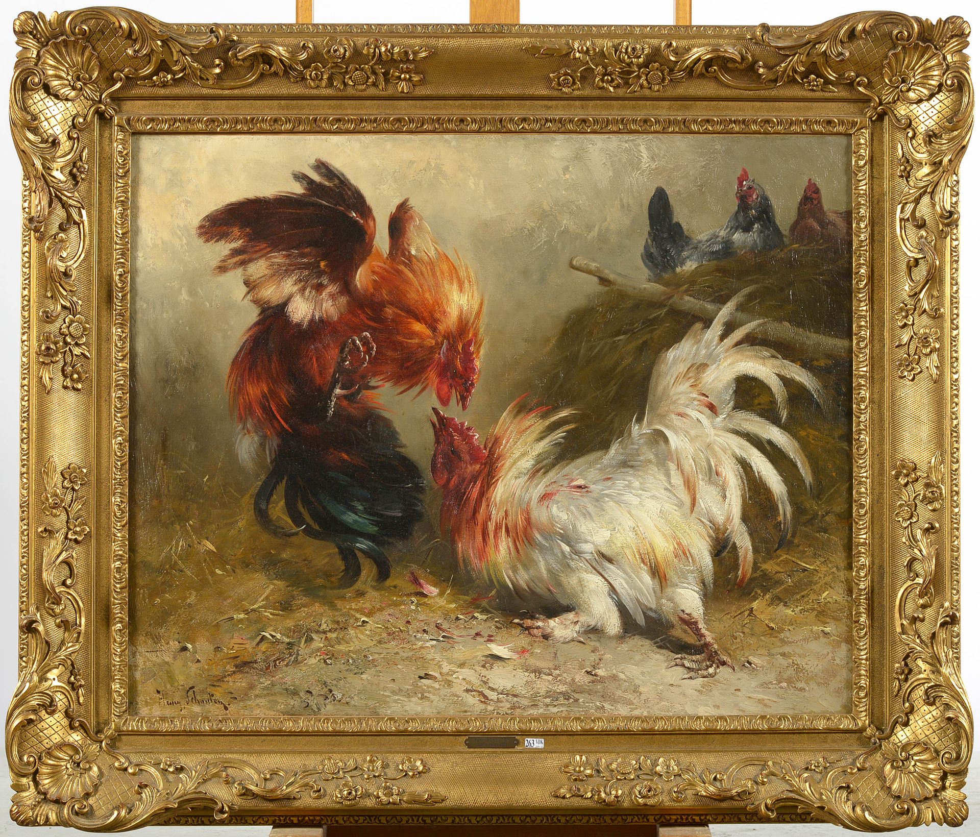 SCHOUTEN Henry (1857 - 1927) 镶嵌在画布上的油画《斗鸡》。签名左下：Henry Schouten。比利时的学校。尺寸：+/-80x1&hellip;