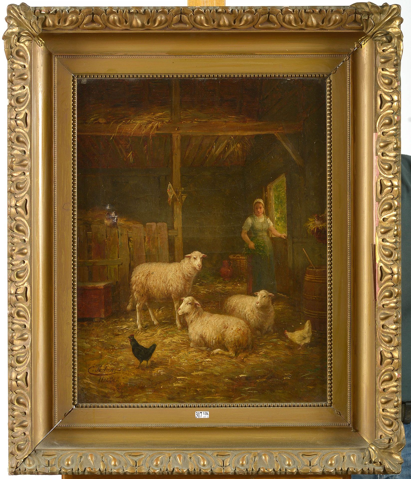 PETIT Charles (1863 - 1949) 布面油画 "Bergerie"。左下角签有C.在Uccle的Petit。由艺术家在背面认证。比利时的学校&hellip;