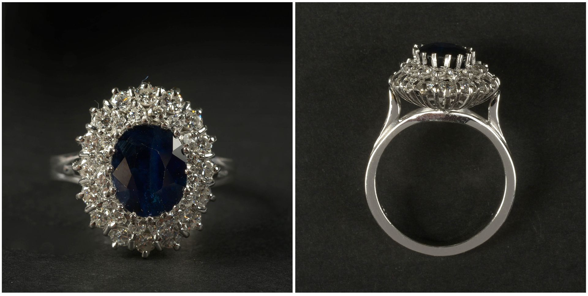 Null 18K白金戒指，镶嵌了一颗+/-2.80克拉的椭圆形蓝宝石和明亮式切割钻石，总重+/-1克拉（颜色：E-F-G；净度：VVS-VS）。手指大小（公制）&hellip;