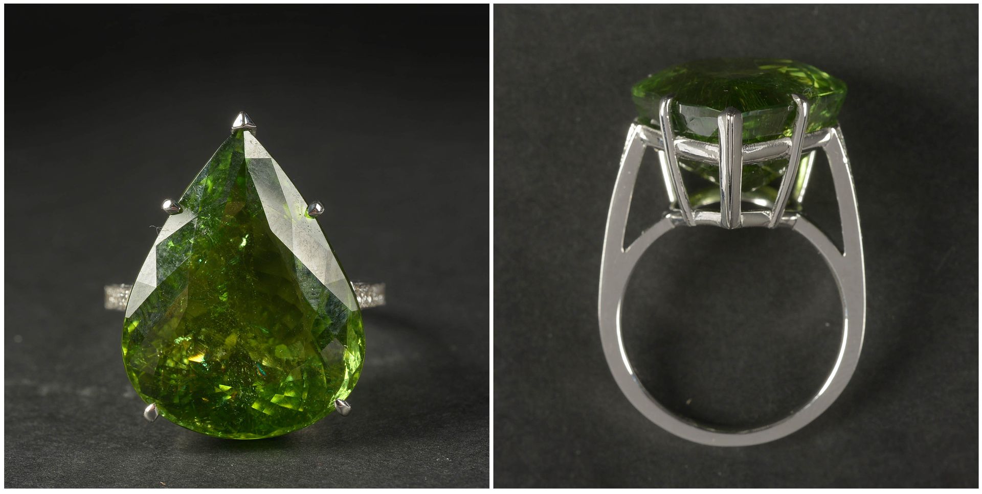 Null 18K白金戒指，镶嵌了一颗梨形切割的天然碧玺 "PARAIBA"，重达+/-24.70克拉（颜色：深棕黄绿色--透明）和明亮式切割钻石，总重+/-0.&hellip;
