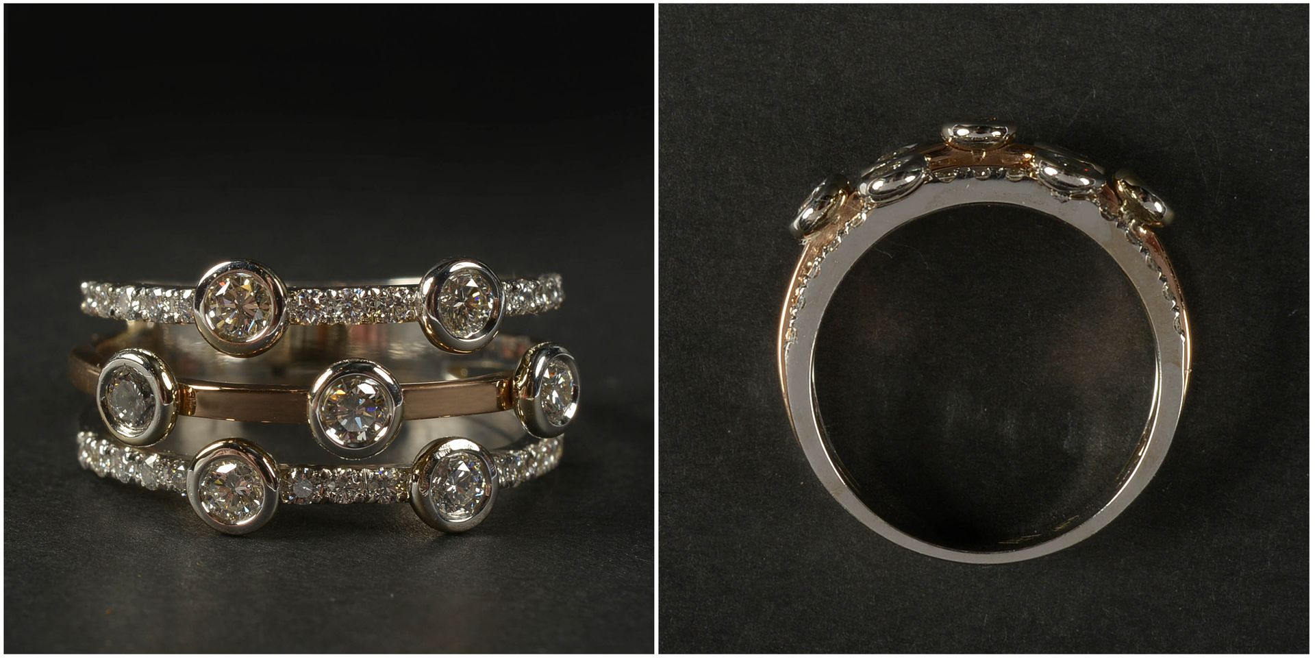 Null 18K白金和玫瑰金戒指，镶嵌总重+/-0.76克拉的明亮式切割钻石（颜色：E-F-G；净度：VVS-VS）。手指（公制）：55-56。总重量：+/-6&hellip;