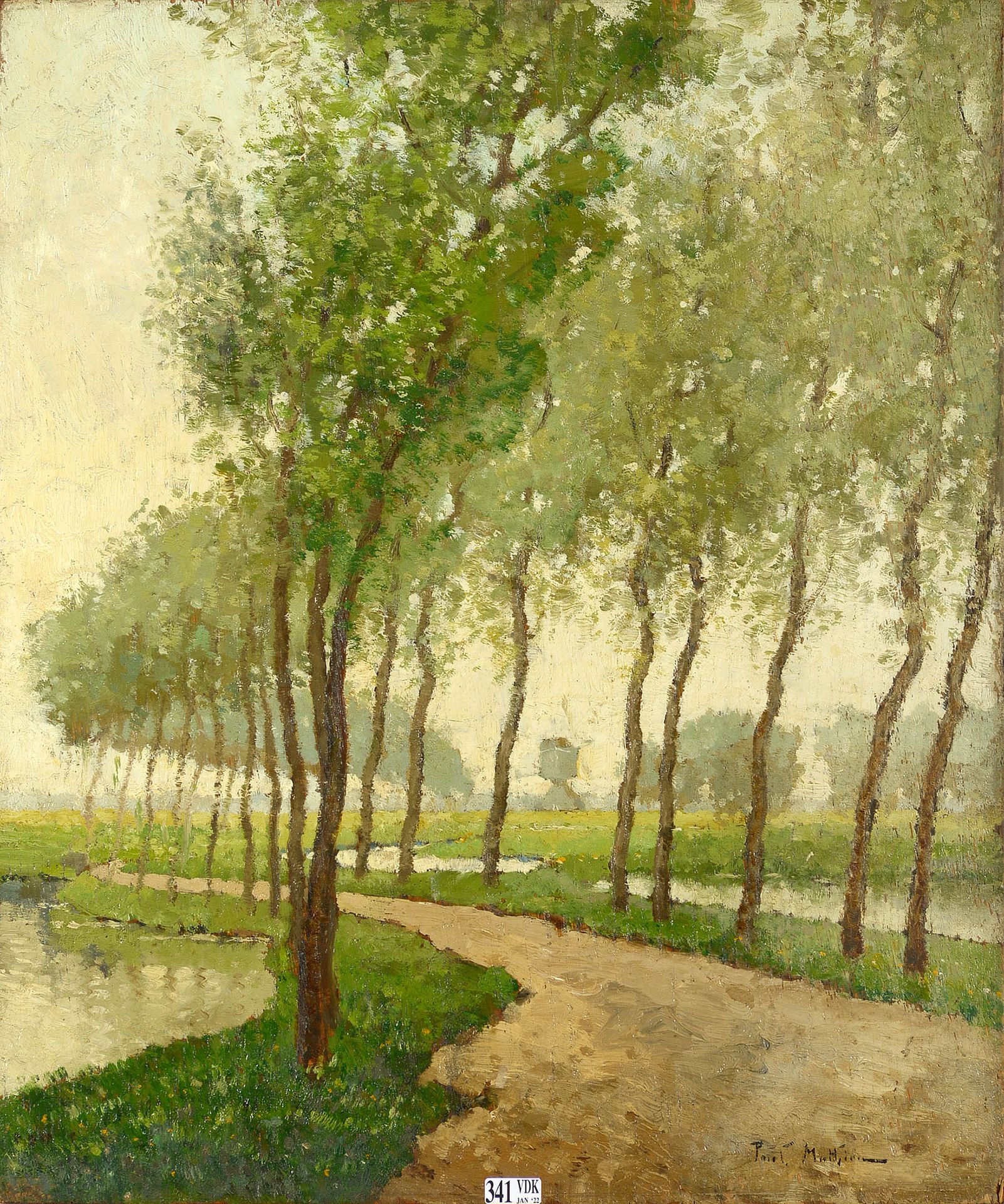 MATHIEU Paul (1872 - 1932) 油画板上的 "沼泽地的磨坊"。右下角有签名：Paul Mathieu。比利时的学校。年代：约1920年。(&hellip;