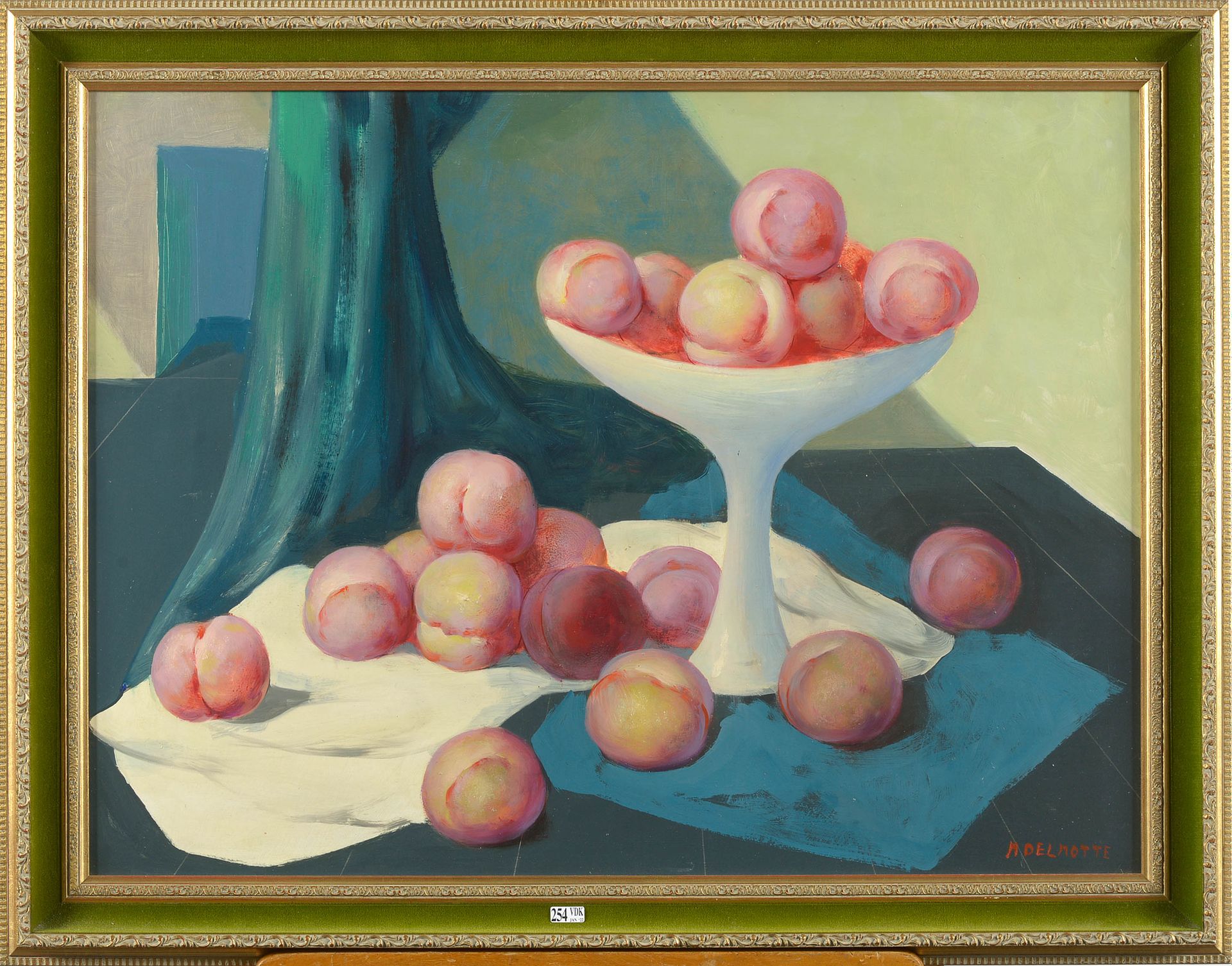 DELMOTTE Marcel (1901 - 1984) Oil on unalit panel "Still life with peaches". Sig&hellip;