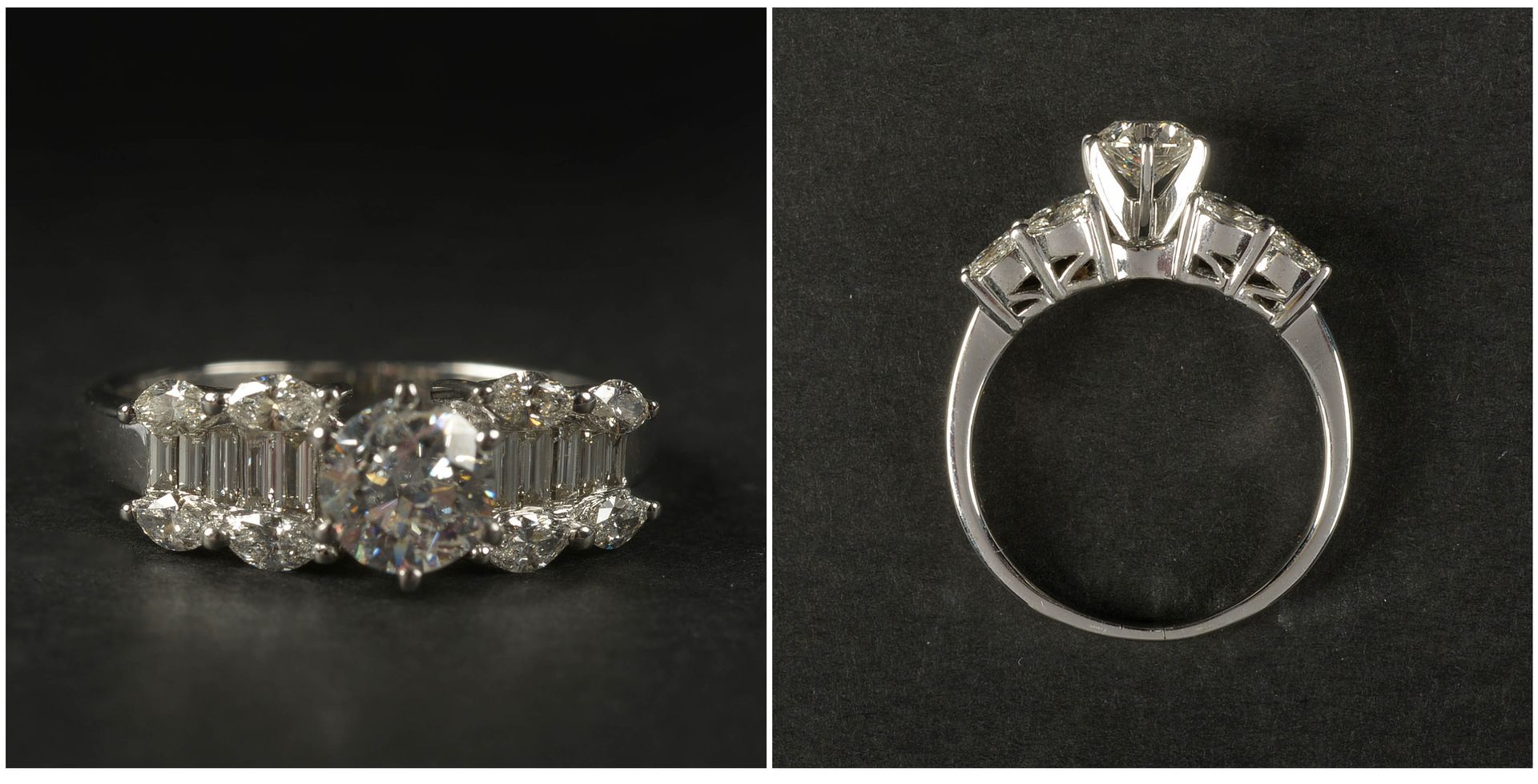 Null 18K白金戒指，镶有一颗中央的钻石+/-0.65克拉（颜色：G；净度：P）和长方形和榄尖形切割的钻石共+/-0.85克拉（颜色：F-G-H；净度：VS&hellip;