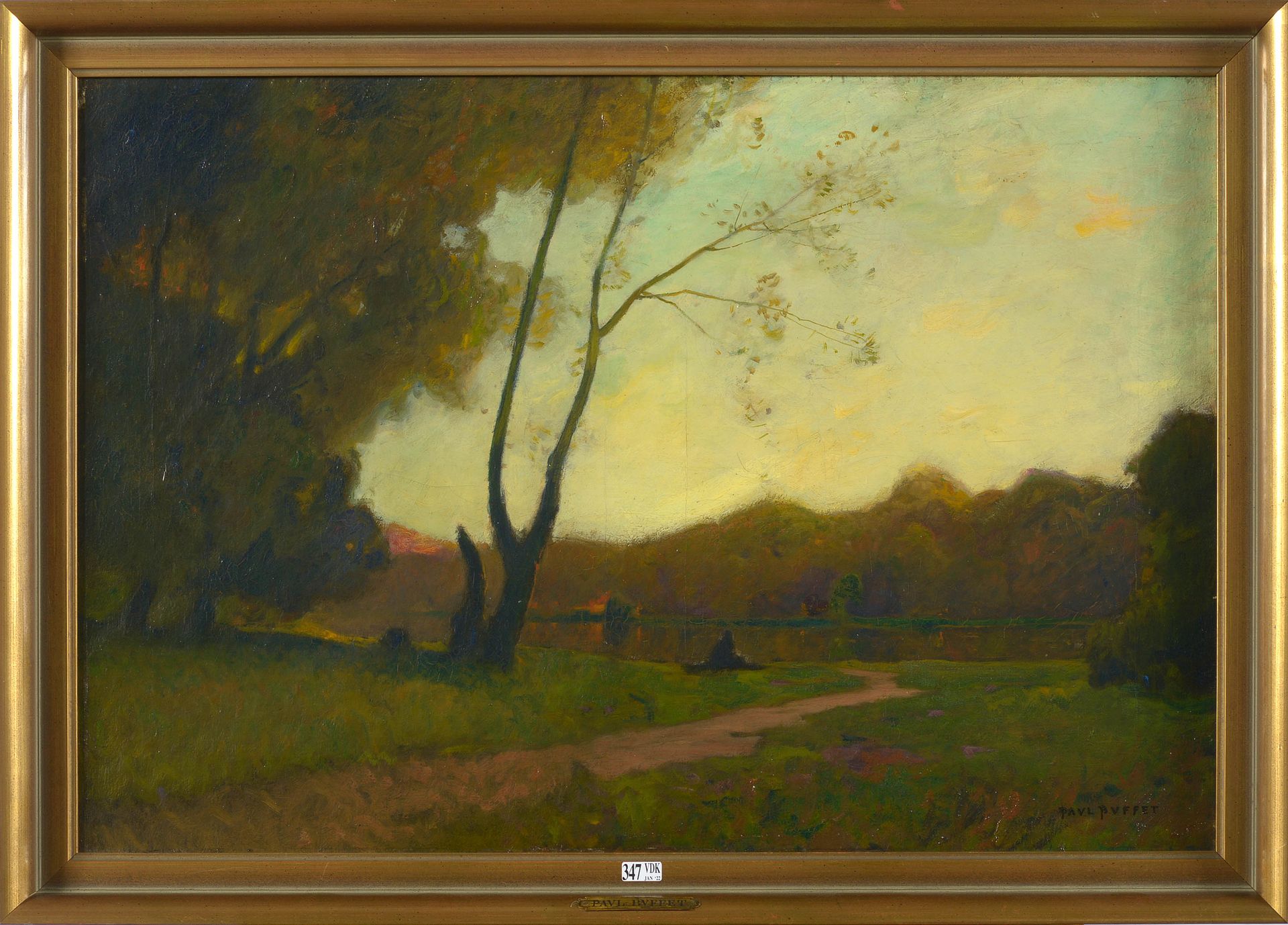 BUFFET Paul (1864 - 1941) 布面油画 "Paysage lacustre"。右下角署名：Paul Buffet。法国学校。请看背面的墨水&hellip;