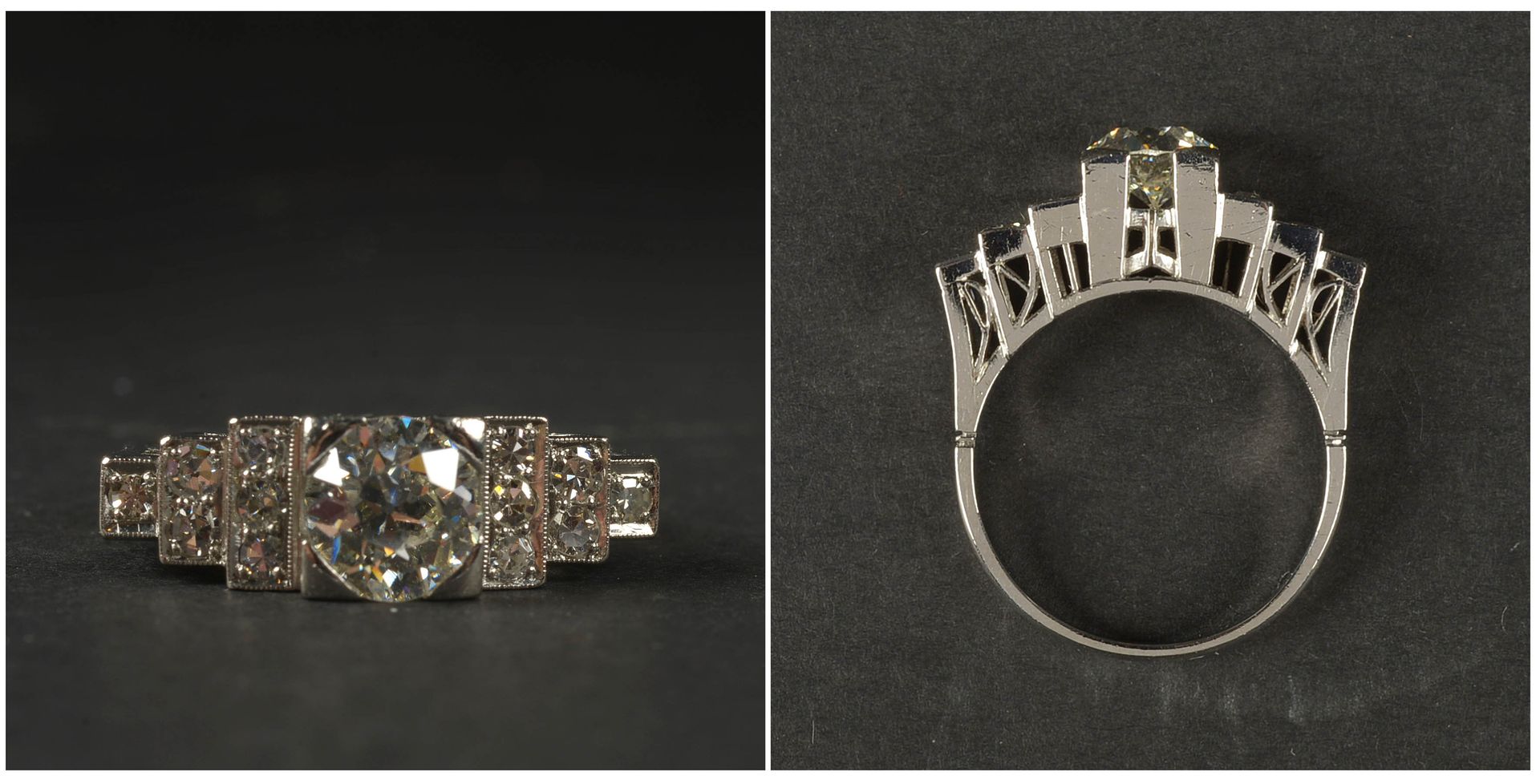 Null 装饰艺术风格的铂金戒指，中央镶嵌了一颗+/-1.30克拉的老式切割钻石（颜色：J；净度SI）和老式切割钻石，共计+/-0.30克拉。手指大小（公制）：&hellip;