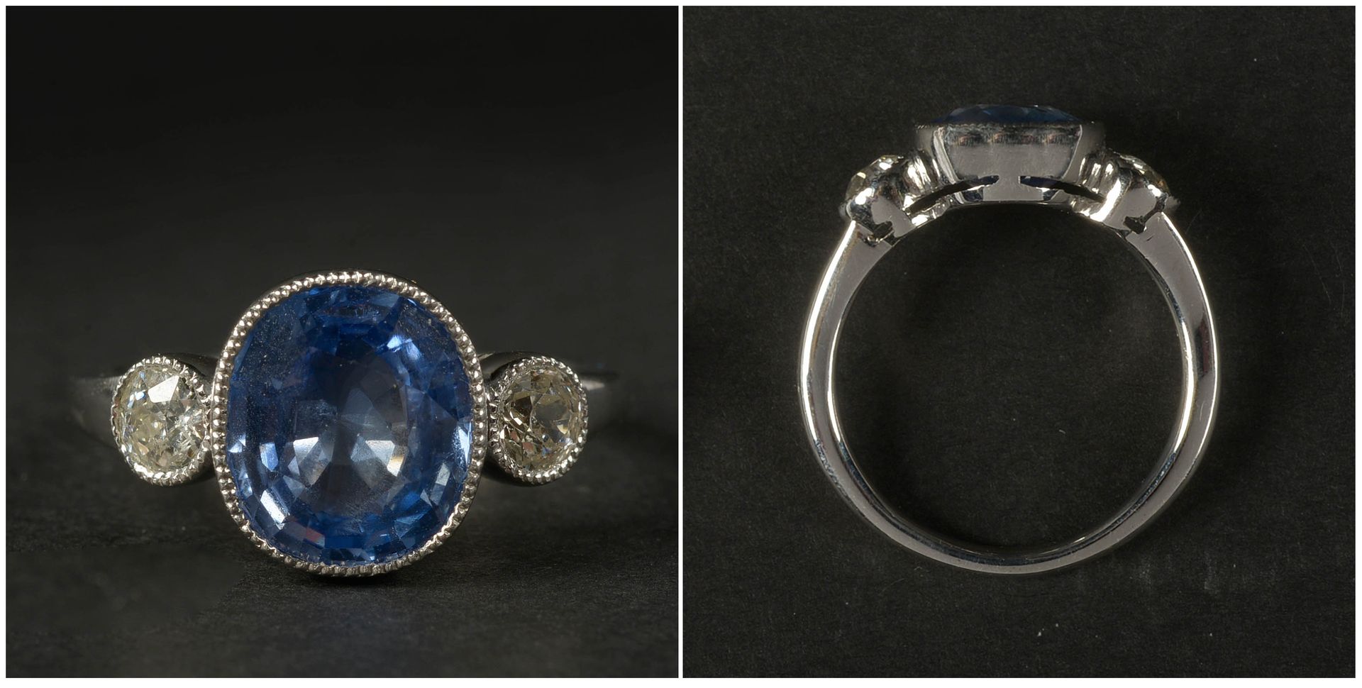 Null 18K白金戒指镶嵌了一颗天然的缅甸枕形切割蓝宝石，重达+/-3.77克拉（颜色：紫蓝色-透明）和老式切割钻石，共重达+/-0.40克拉。附上日期为20&hellip;