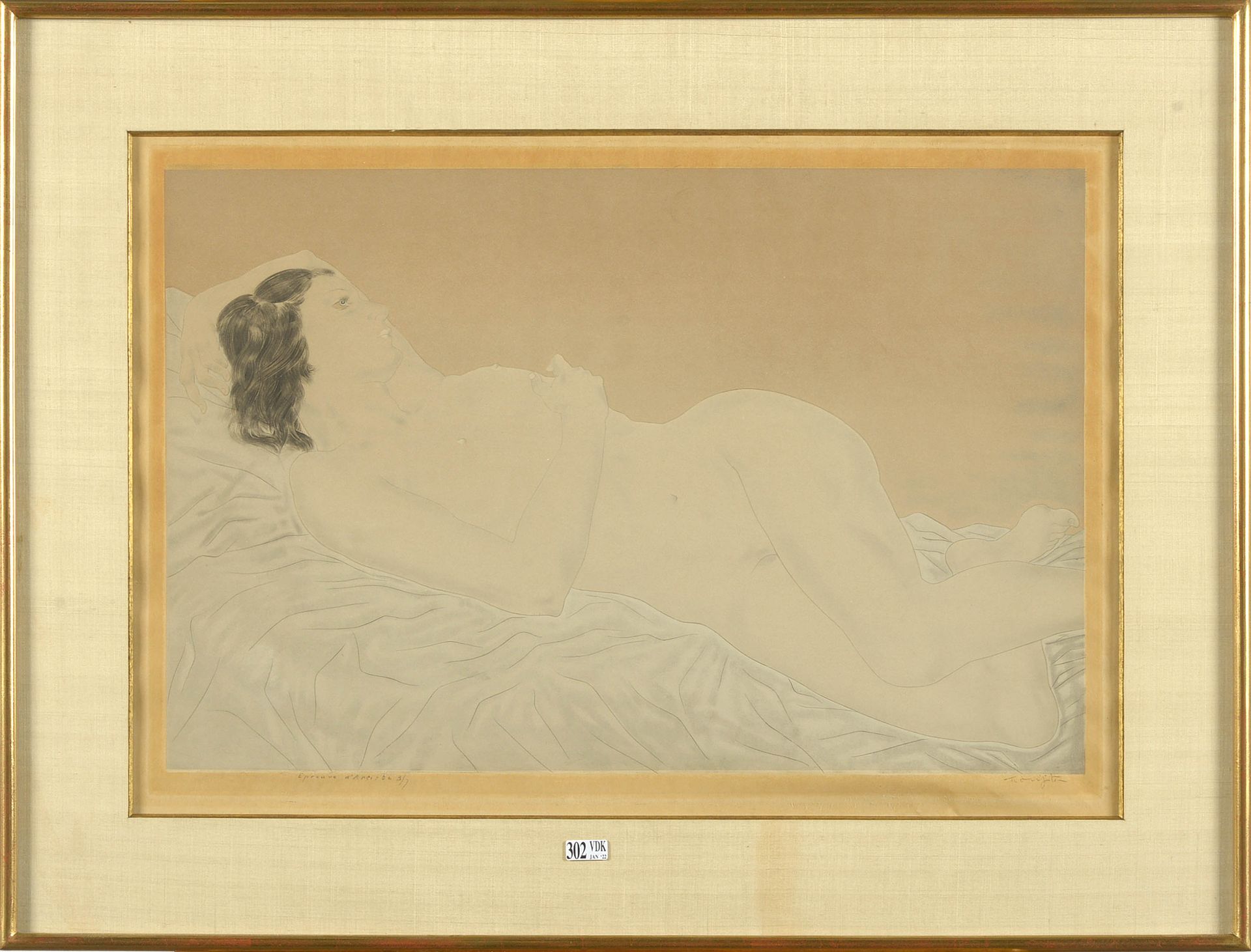 FOUJITA Tsuguharu (1886 - 1968) "躺着的女性裸体》纸上彩色蚀刻画。版面外右下方有铅笔签名的Foujita。带有 "Epreuve&hellip;