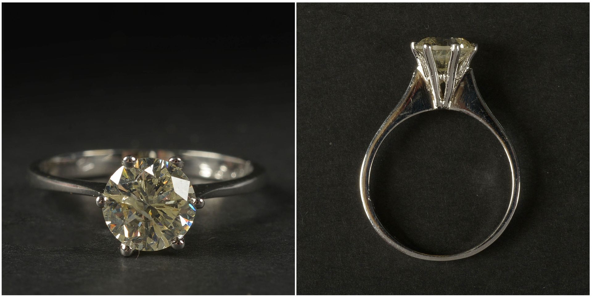 Null 18K白金戒指，镶嵌了一颗+/-1.20克拉的明亮式切割钻石（颜色：K-L；净度：P）。手指（公制）：53。总重量：+/-2.3gr。