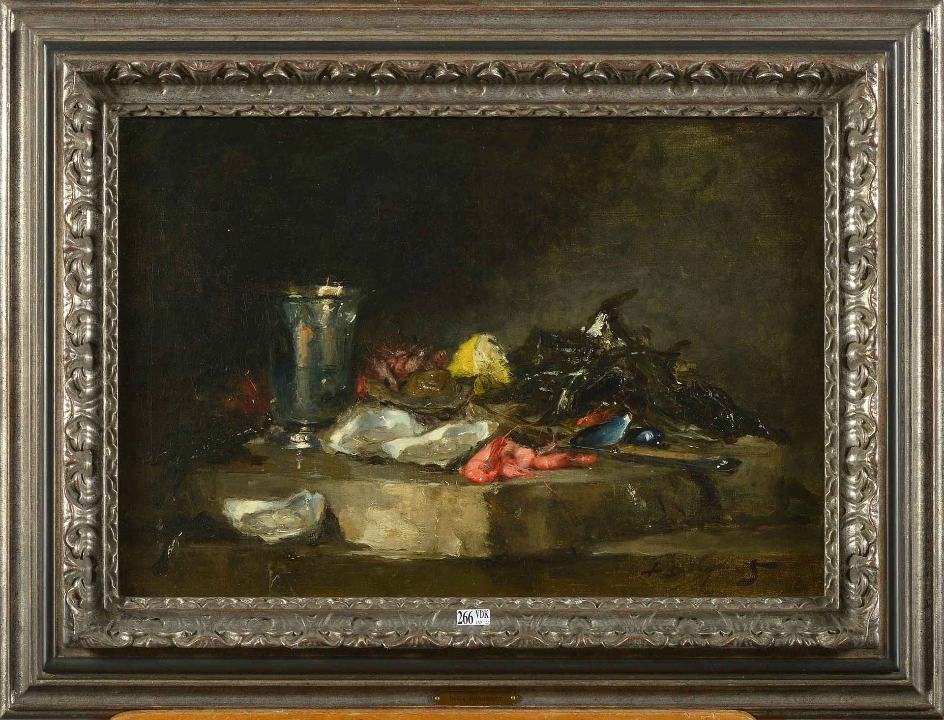 BERGERET Pierre Denis (1844 - 1910) 镶嵌在画布上的油画《海鲜静物》。右下方有签名D.Bergeret.法国学校。尺寸：+/-&hellip;