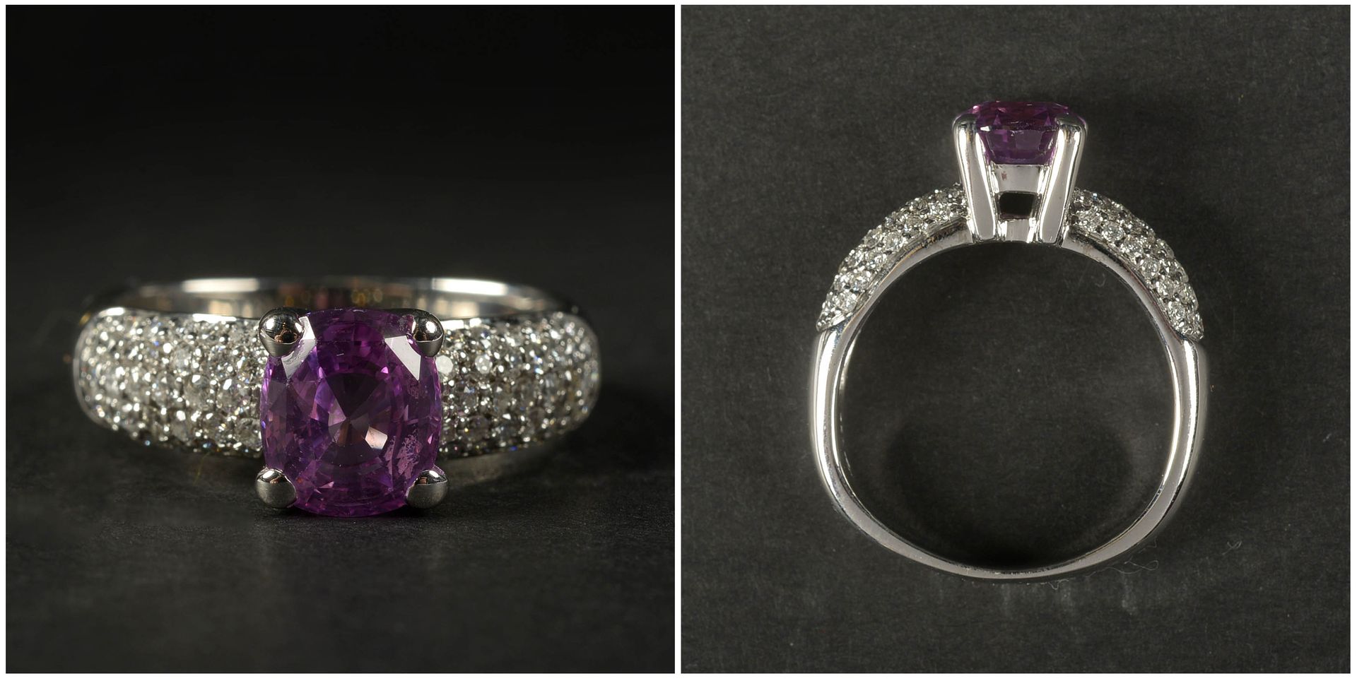 Null 美丽的18K白金戒指，镶嵌了一颗+/-2.20克拉的粉色蓝宝石和明亮式切割钻石，总重+/-0.70克拉（颜色：E-F-G；净度：VVS-VS）。手指（&hellip;