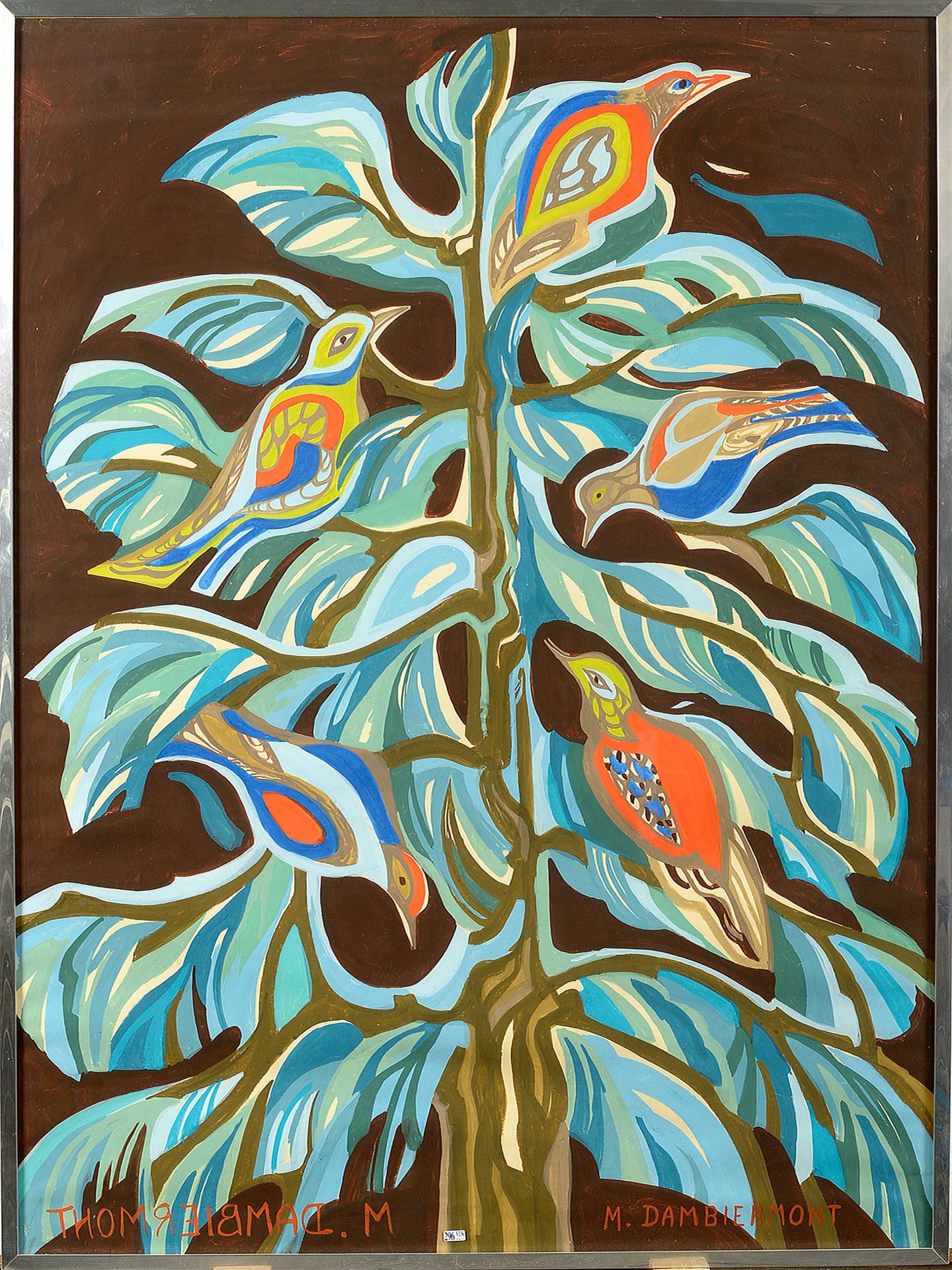 DAMBIERMONT Mary (1932 - 1983) 挂毯项目 "有鸟的树"，纸上水彩画。签名：M. Dambiermont，下角。比利时的学校。Dim&hellip;
