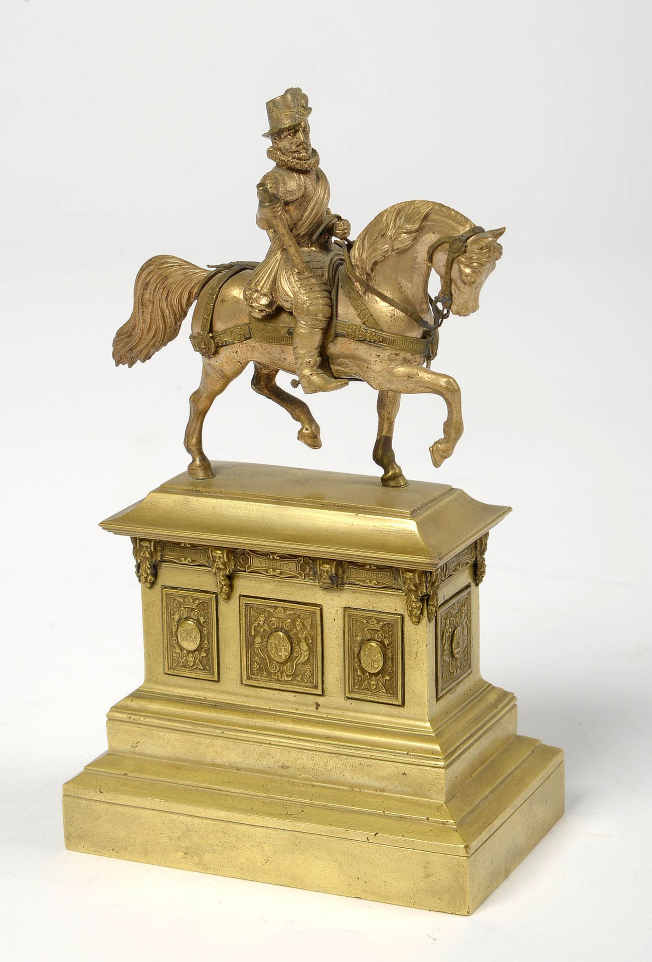 P. DE MEYER (XIXème) "Equestrian monument representing Henri IV" in gilt bronze.&hellip;
