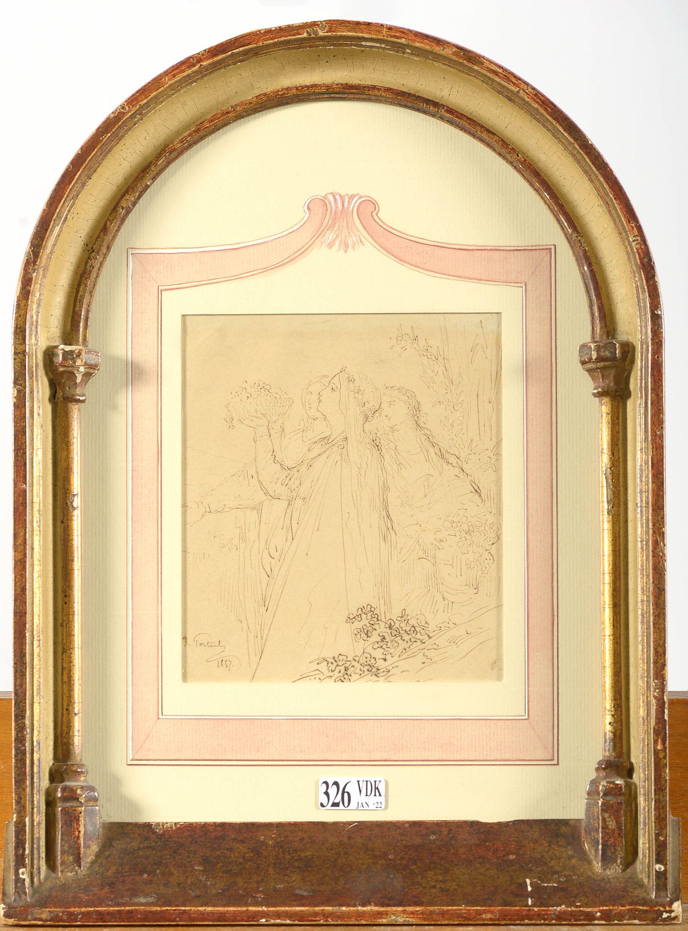 PORTAELS Jean-François (1818 - 1895) "祭品 "纸上棕色墨水笔。左下角有J. Portaels的签名和1857年的日期。比利&hellip;