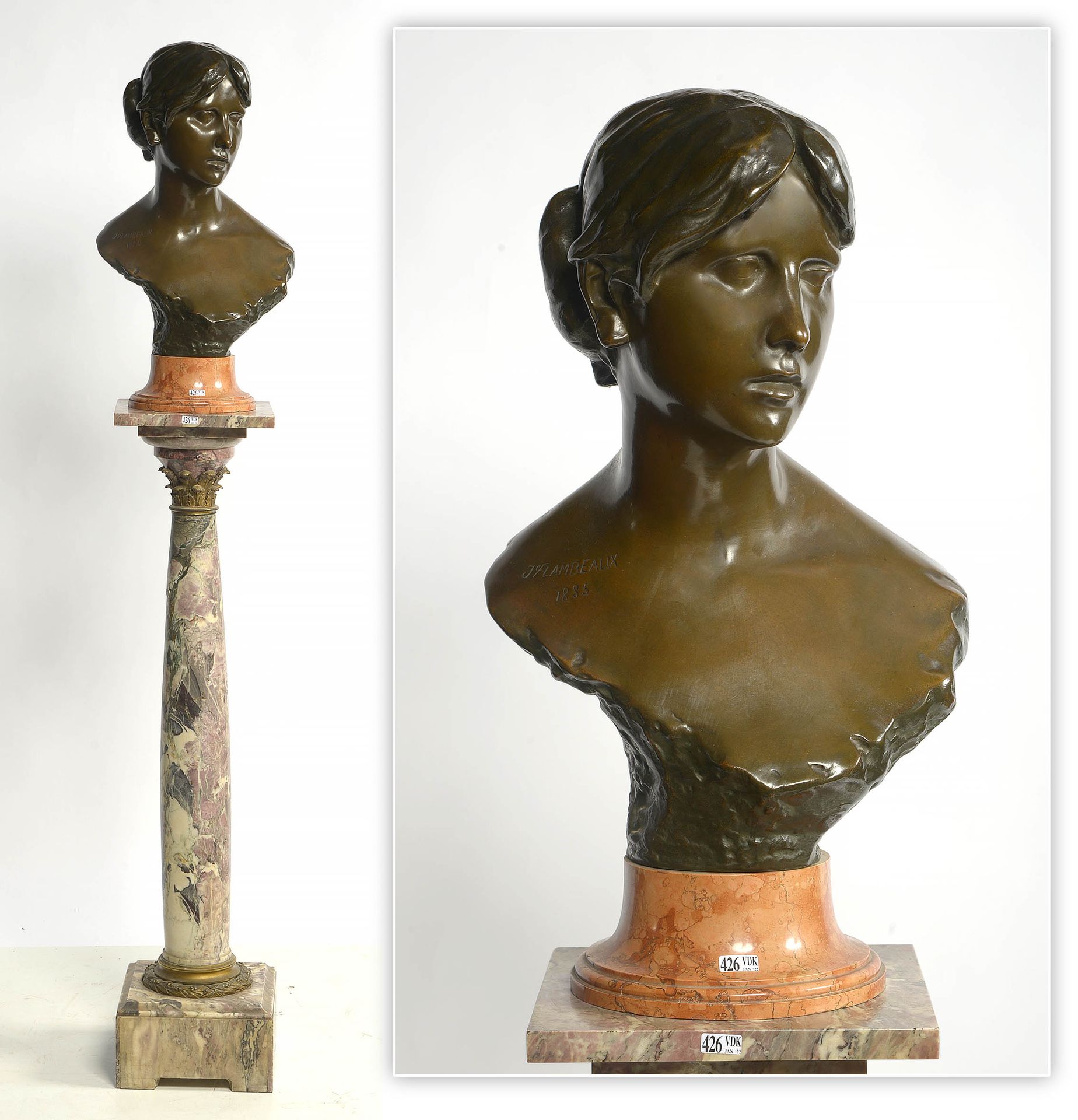 LAMBEAUX Jef (1852 - 1908) 棕色铜质的 "女人半身像"。签名为Jef Lambeaux，日期为1885年。安放在一个橙色的大理石底座上&hellip;